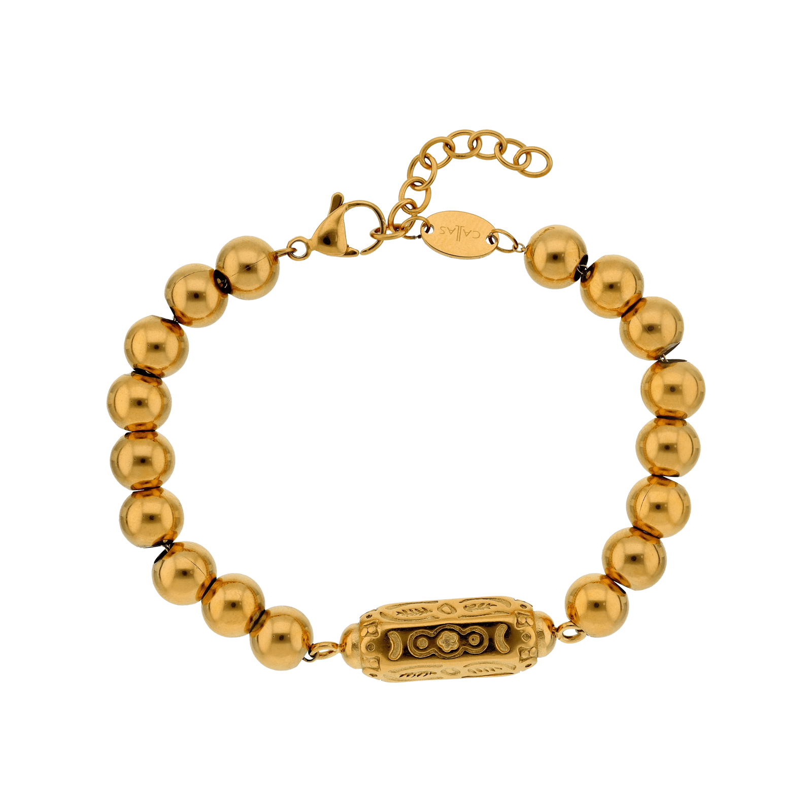 Bracelet Callas Acier doré boules 8 millimètres barillet glyphe 17 plus 3 centimètres tag