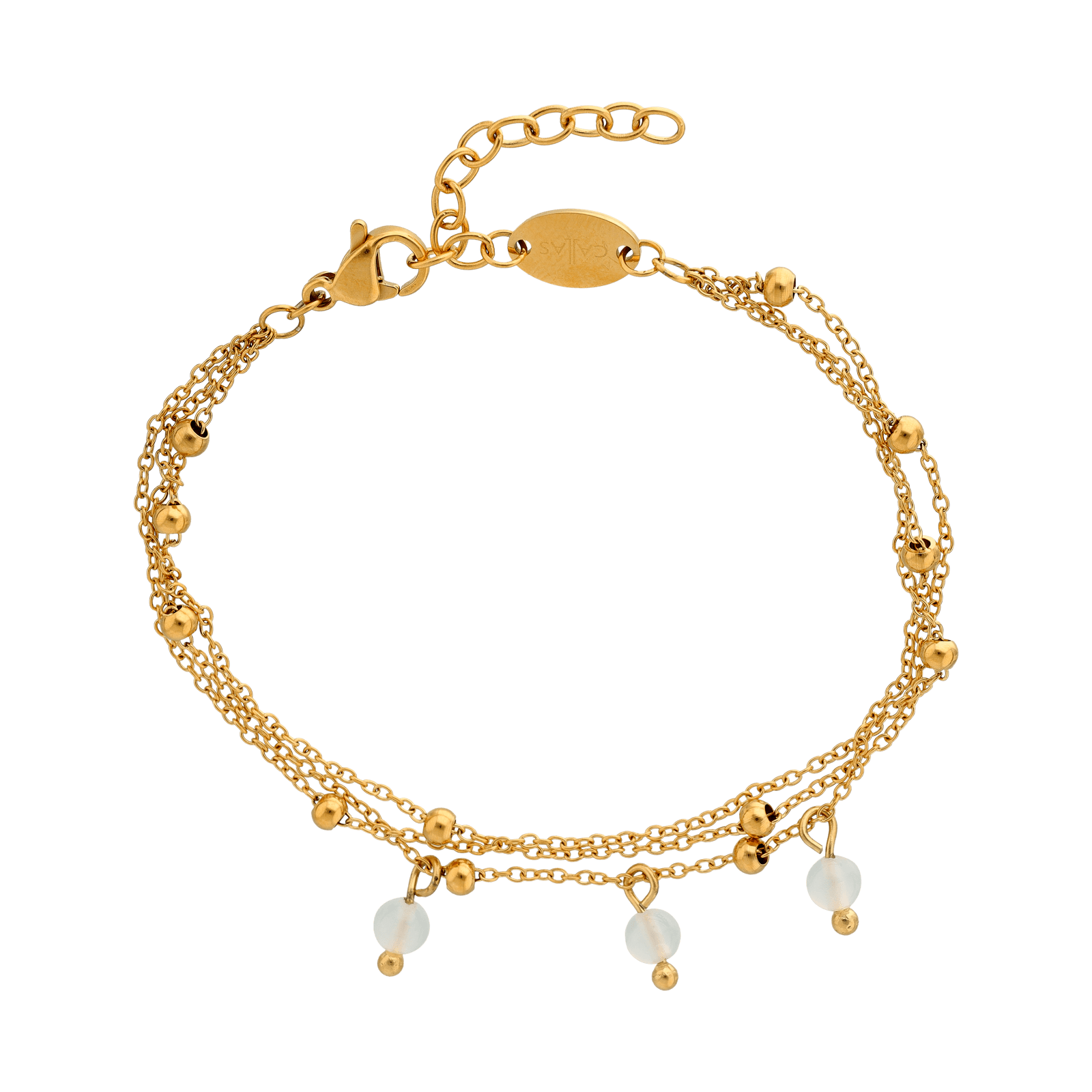 Bracelet Callas en acier doré trois chaînes avec boules d’agate blanche, 16 cm avec rallonge de 3 cm