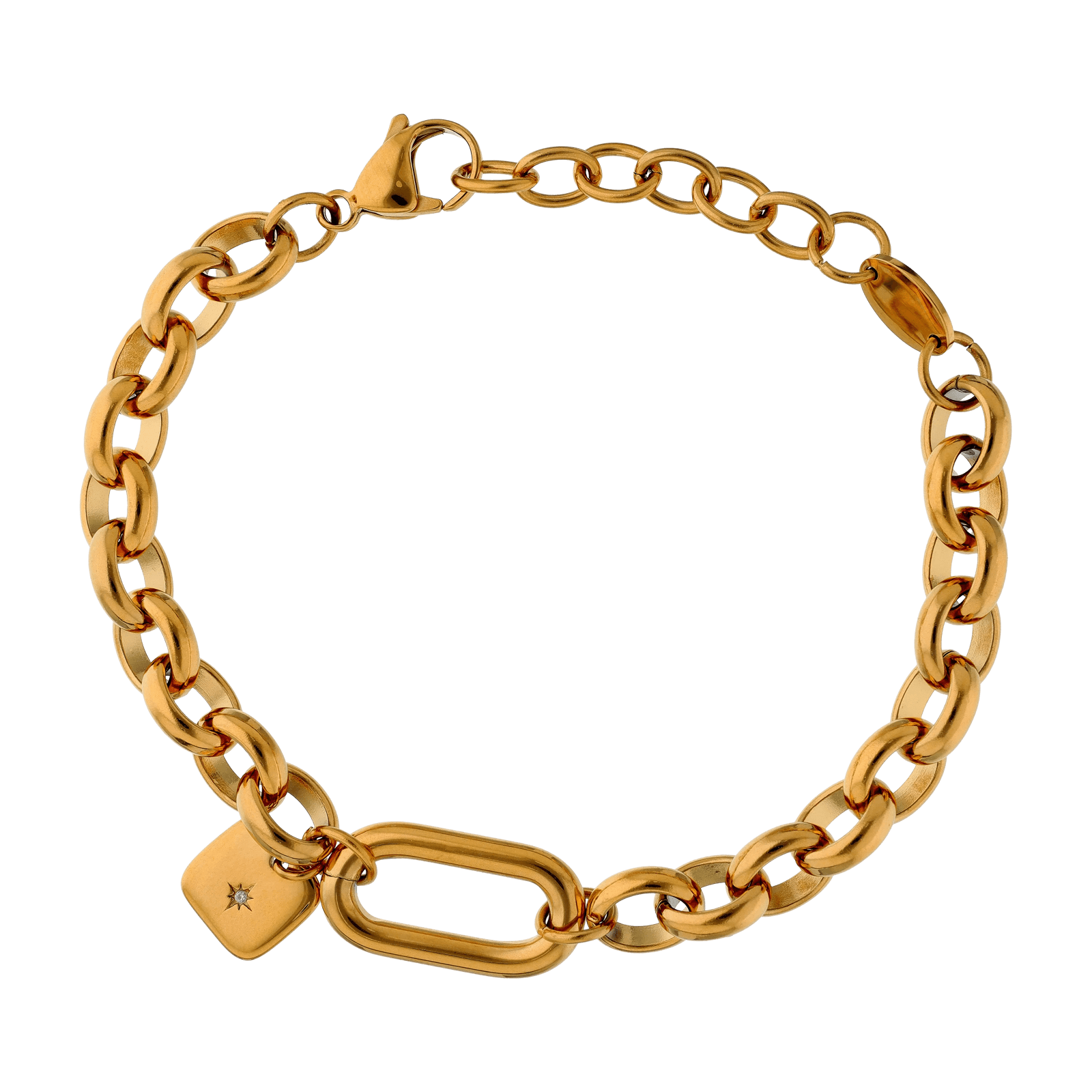 Bracelet Callas en acier doré maille jaseron ovale avec pampille carrée en cristal Preciosa, 17 cm avec rallonge de 3 cm