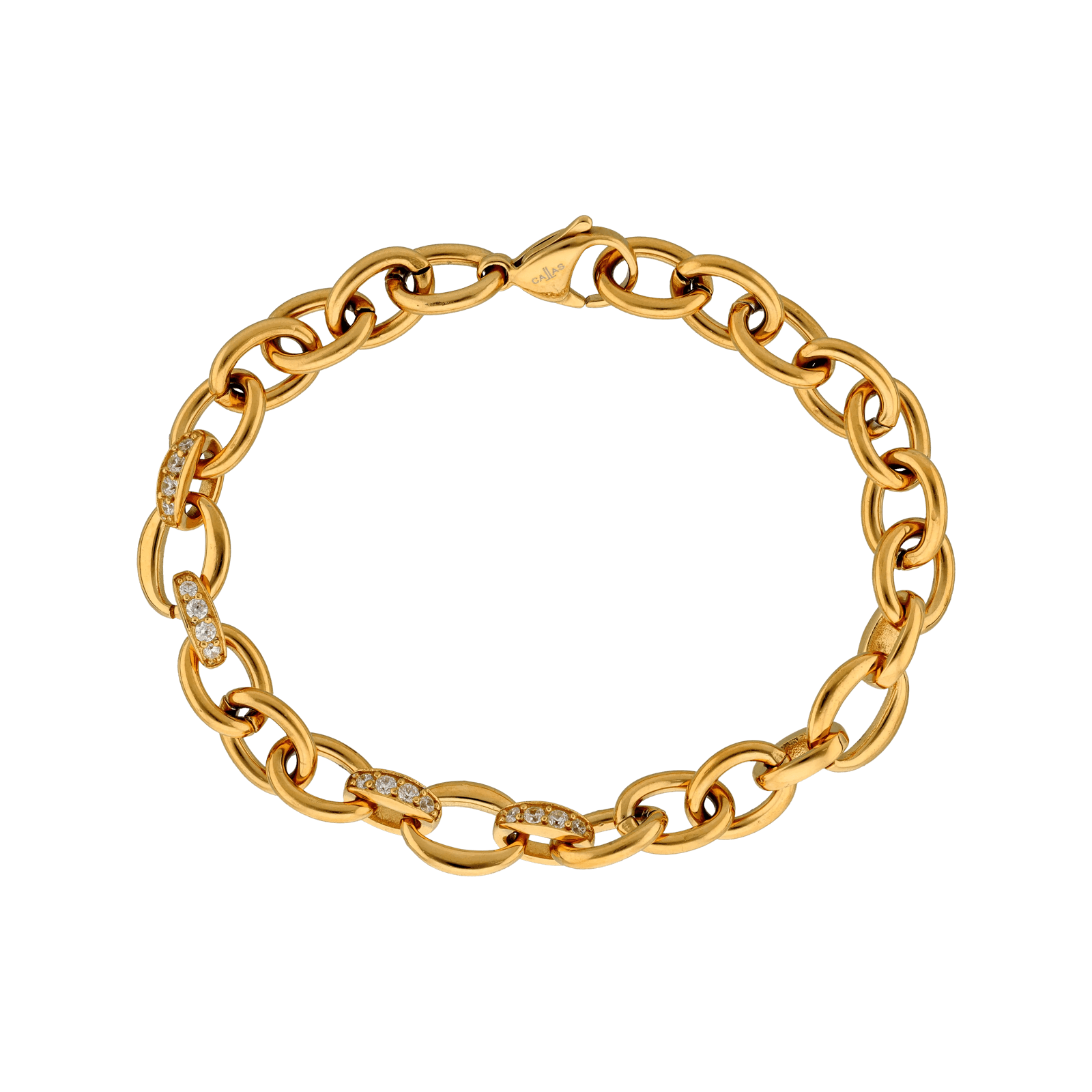 Bracelet Callas en acier doré maille forçat lisse avec oxydes de zirconium blancs, 20 cm