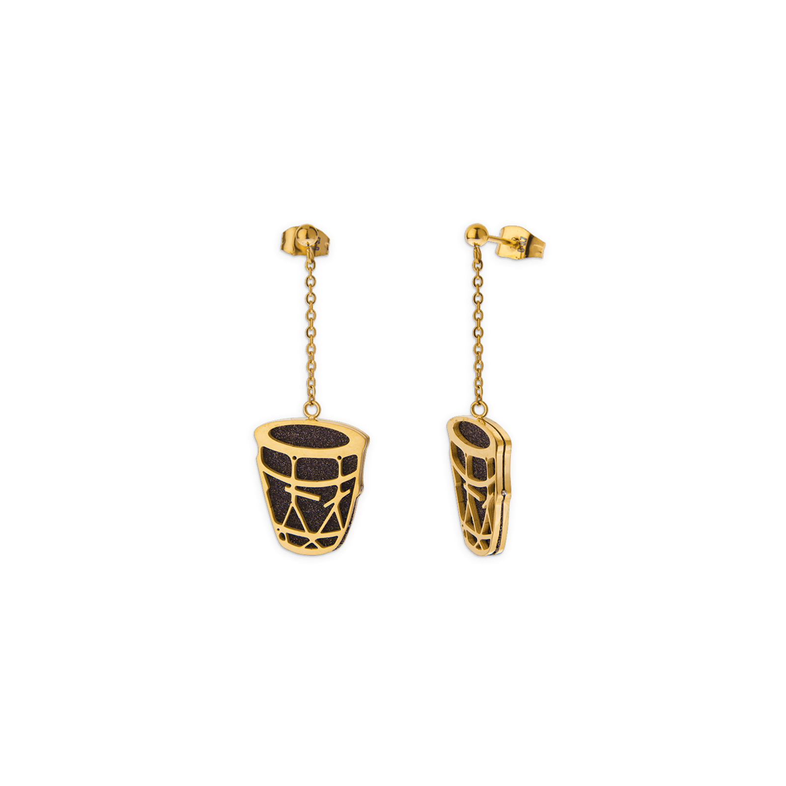 Boucles D'oreilles Acier Bicolore Gwoka Couleur Noir 16*19mm Pendant 46mm Au Total