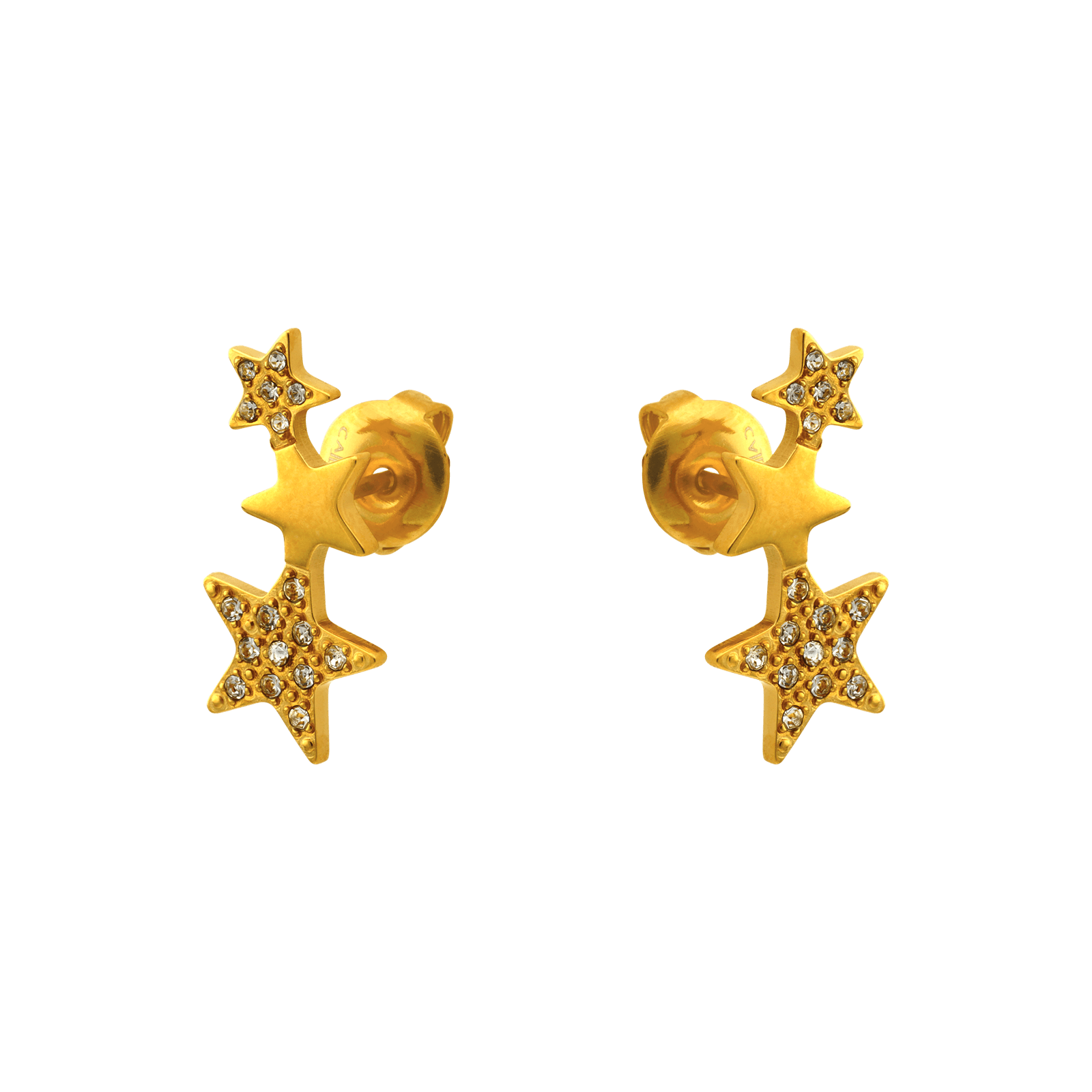 boucles d'oreilles callas acier trois étoiles chute lisse et oxyde de zirconium doré