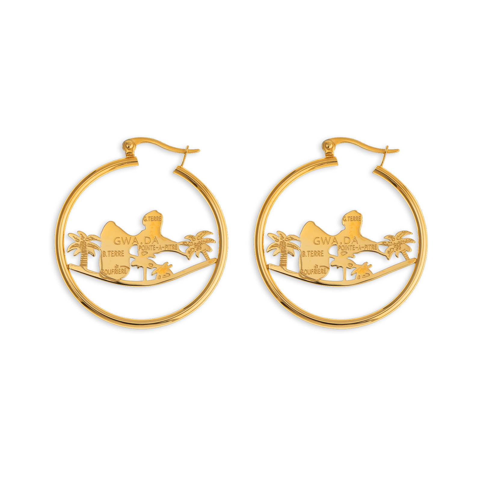 créoles acier jaune 37mm carte guadeloupe palmiers