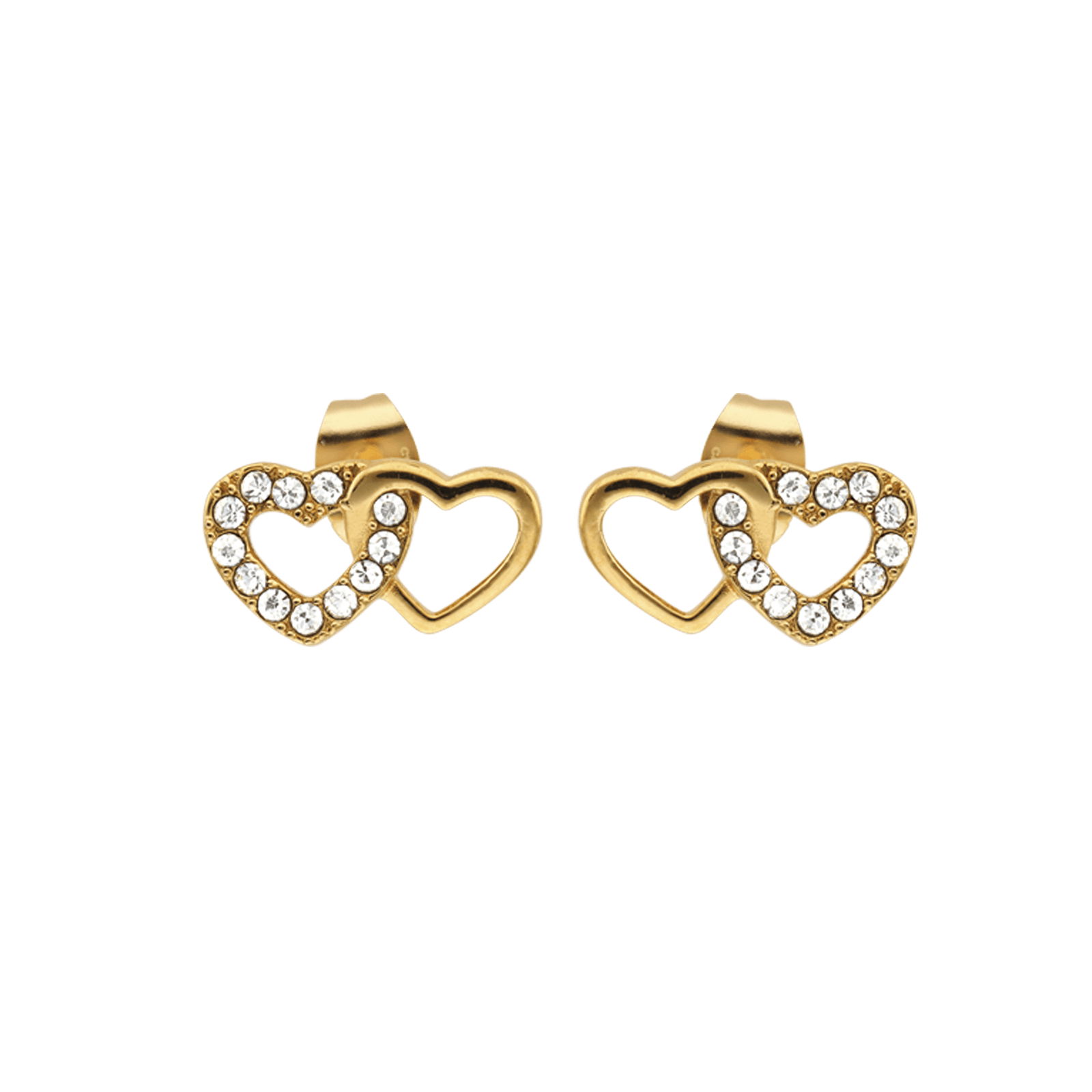 Boucles d'Oreilles Callas Acier doré double coeur Lisse et Cristal