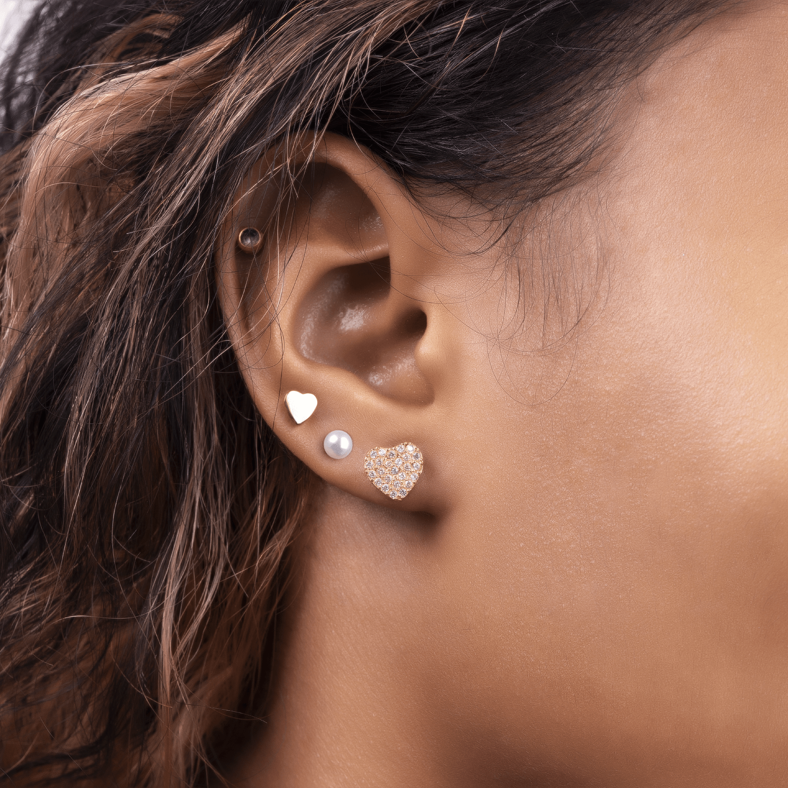 Boucles D'oreilles Dépareillées Acier Jaune Cœur Zirconium Perle