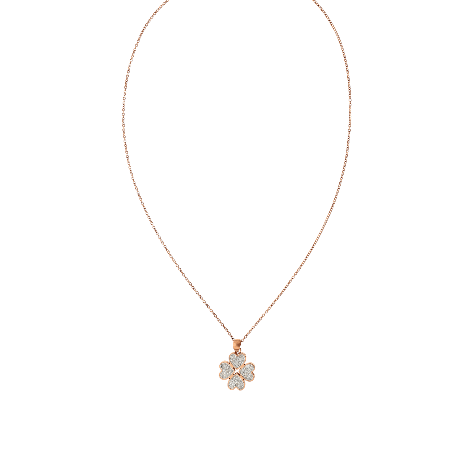Collier Callas Acier plaqué or rose Trèfle quatre coeurs Cristal Preciosa 45 plus 5 centimètres tag