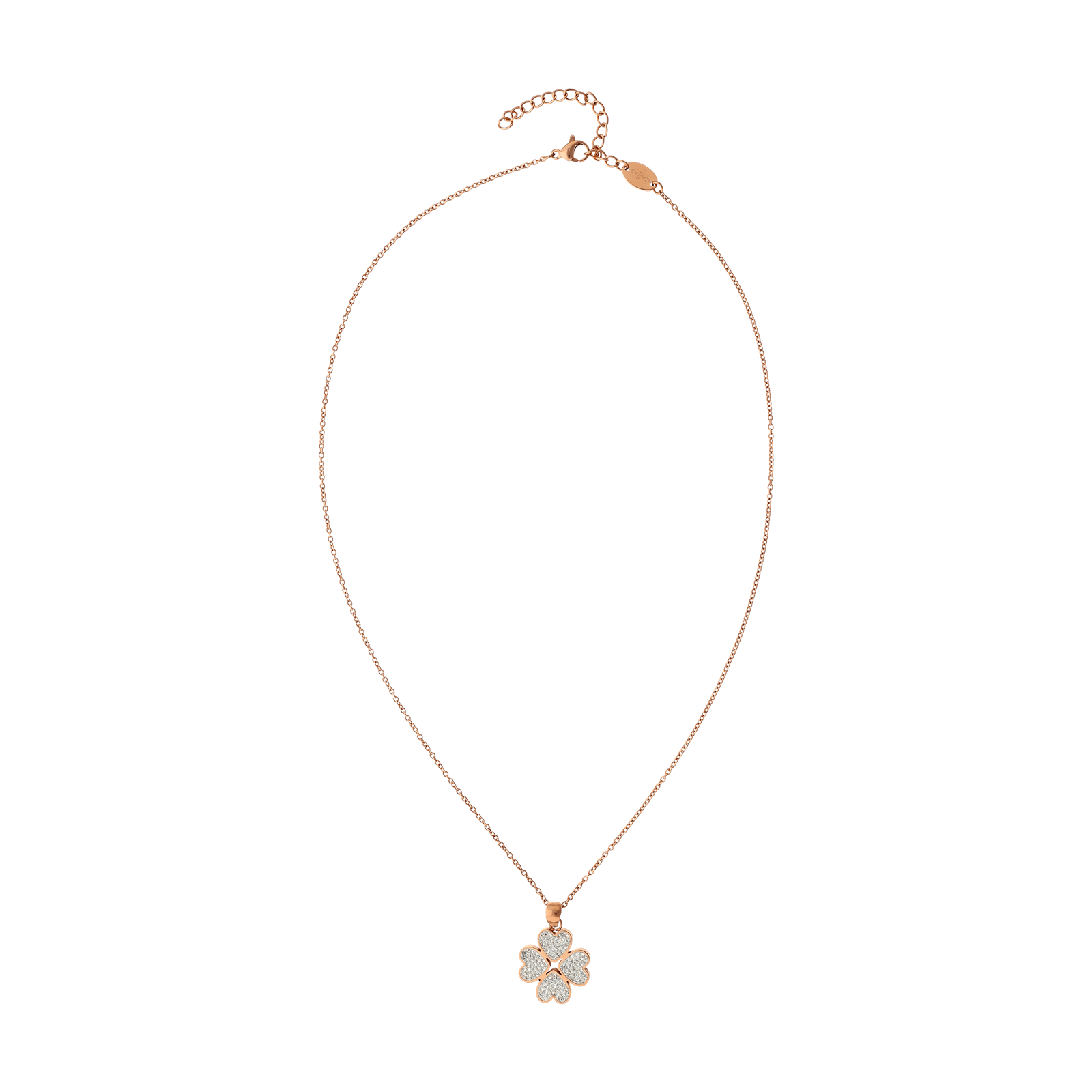 Collier Callas Acier plaqué or rose Trèfle quatre coeurs Cristal Preciosa 45 plus 5 centimètres tag