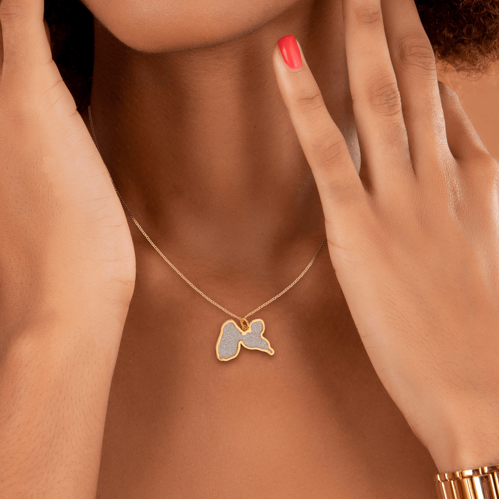 Collier Acier Bicolore Carte Guadeloupe Pailleté Argenté 27.5*20mm 40  à 45cm