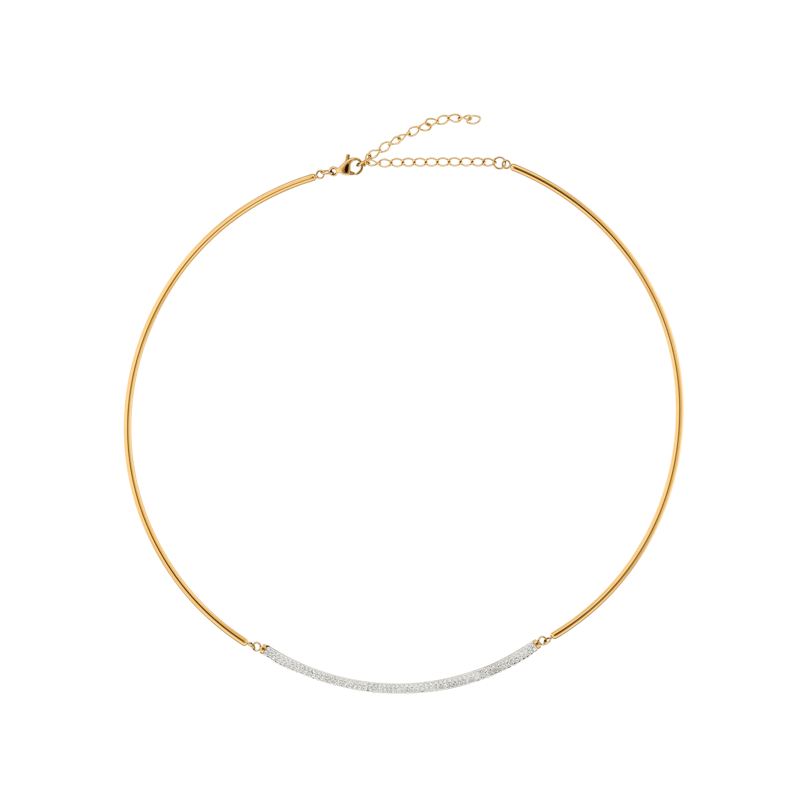 Collier Callas Acier doré tube articulé centre Cristal 32 plus 7 centimètres
