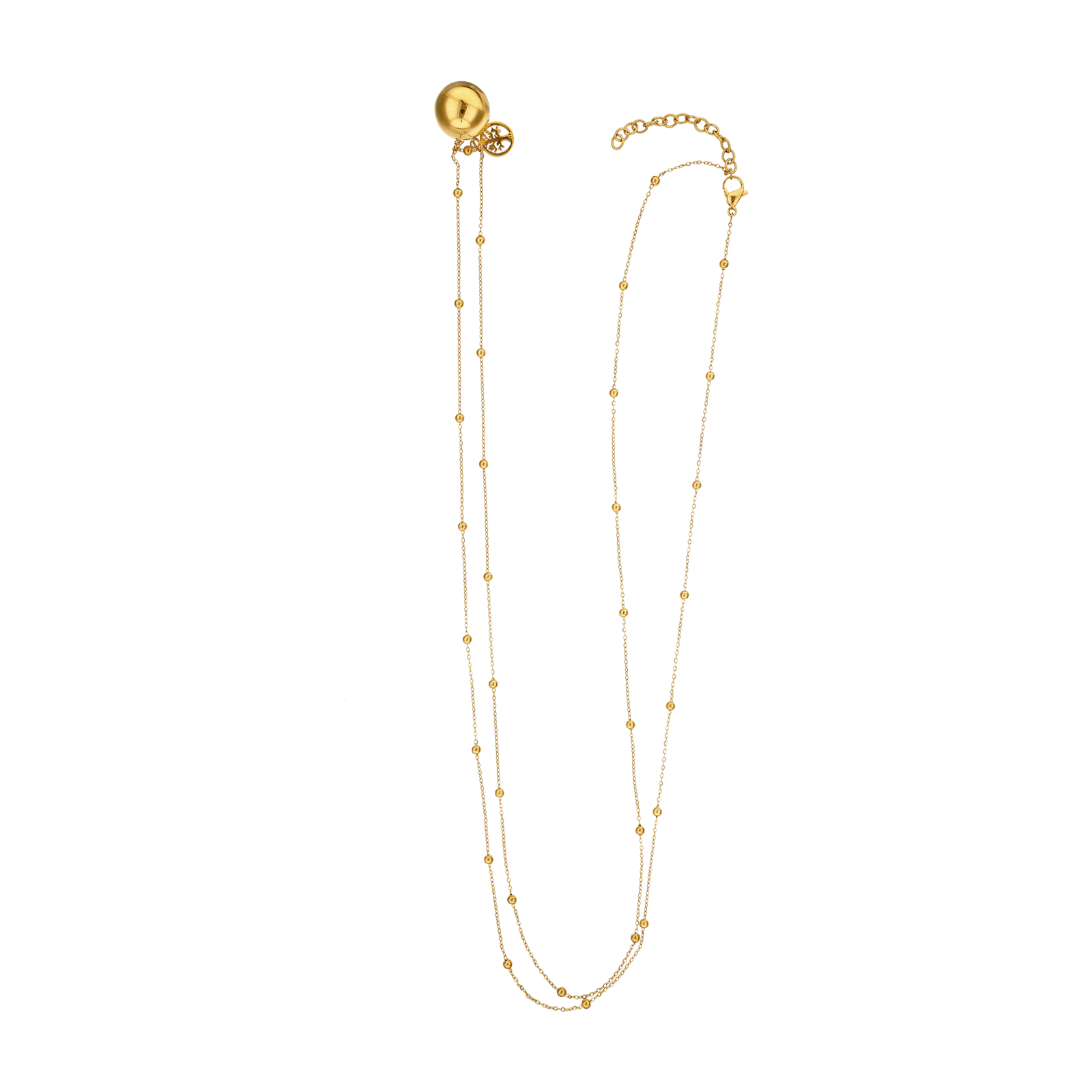 sautoir Callas Acier doré bola boules pendentif boule et pampille arbre 110 plus 5 centimètres