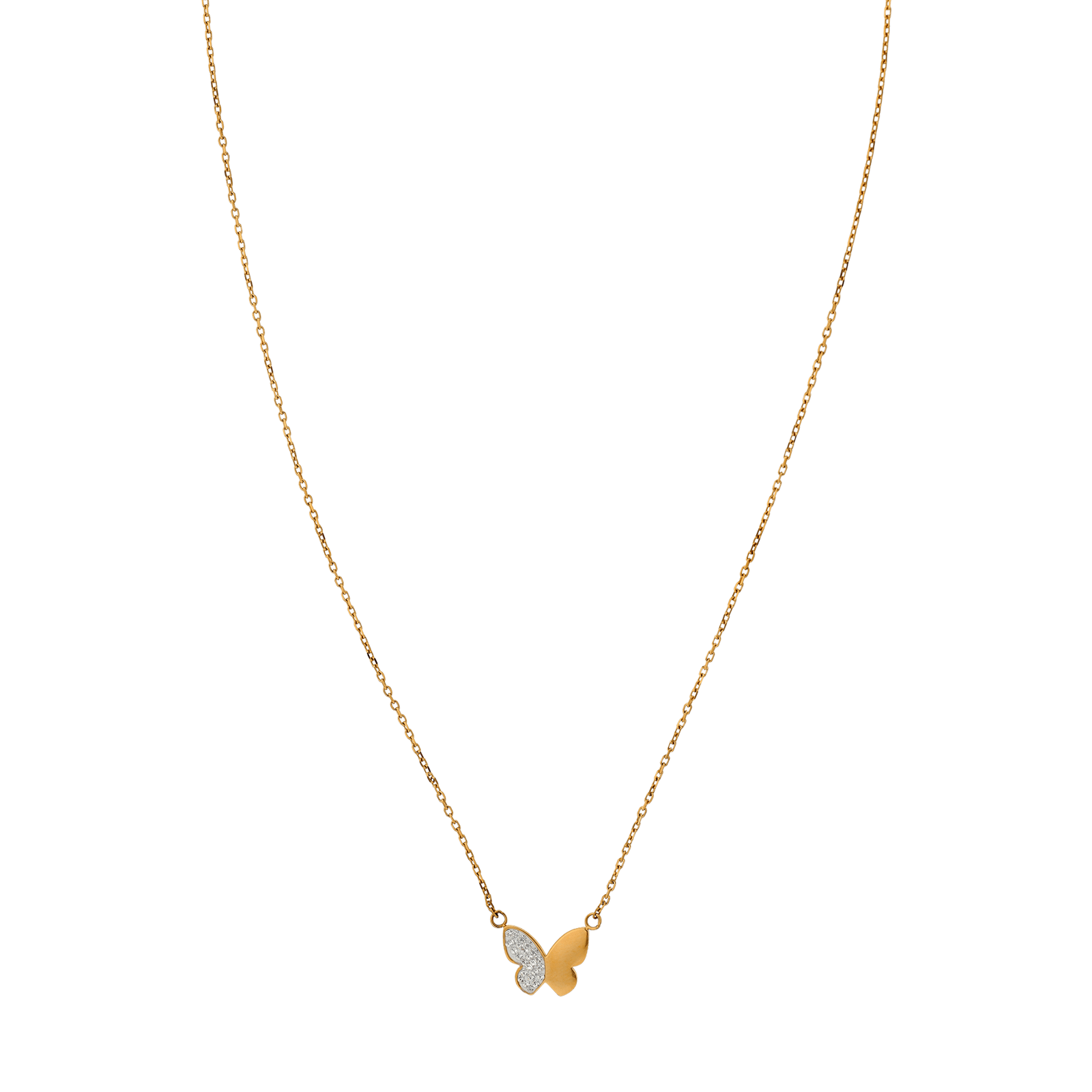 Collier Callas Acier doré Pendentif Papillons Lisse et Cristal Preciosa 45 plus 5 centimètres tag