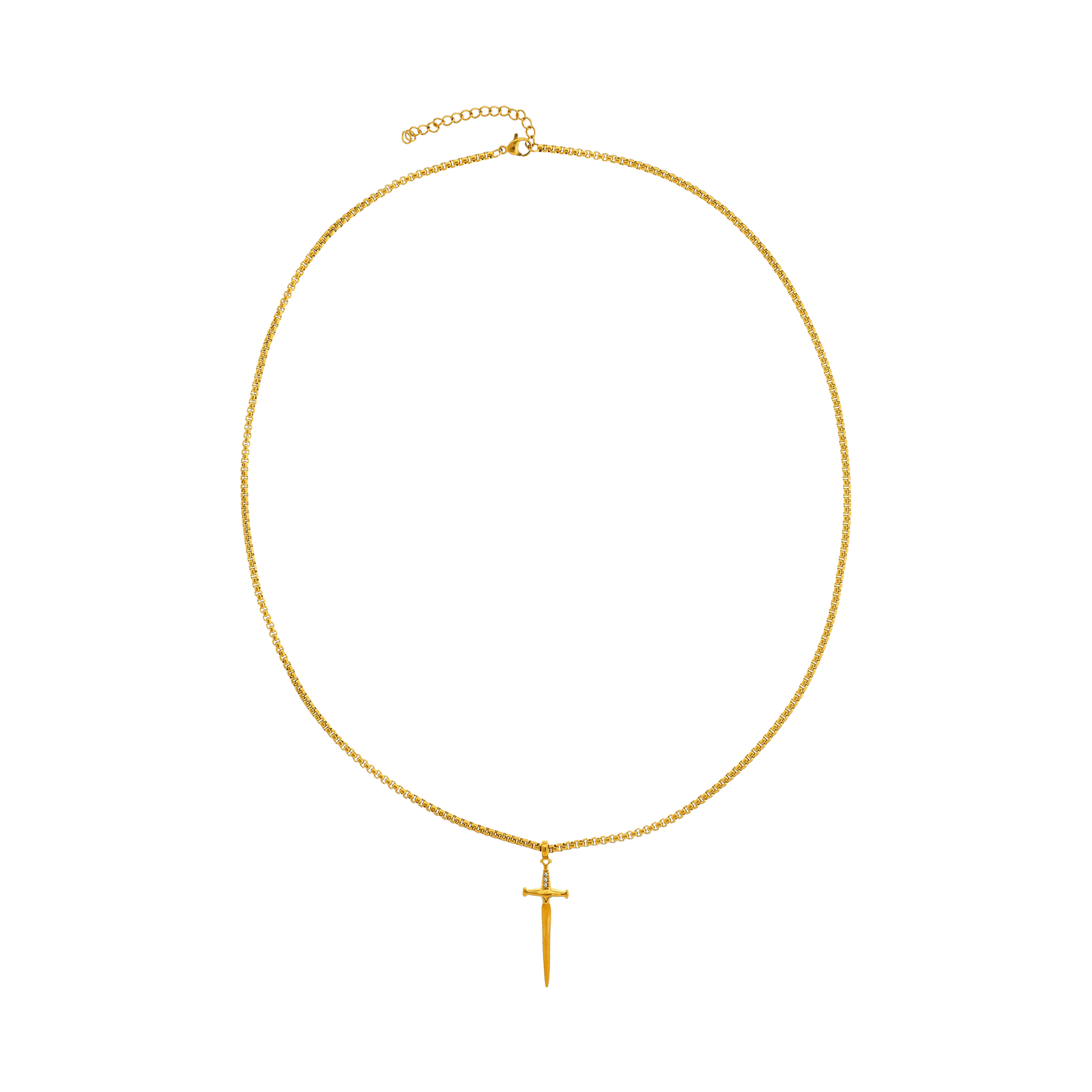 collier callas acier pendentif épée sertie oxyde de zirconium 60 plus 5 mm doré