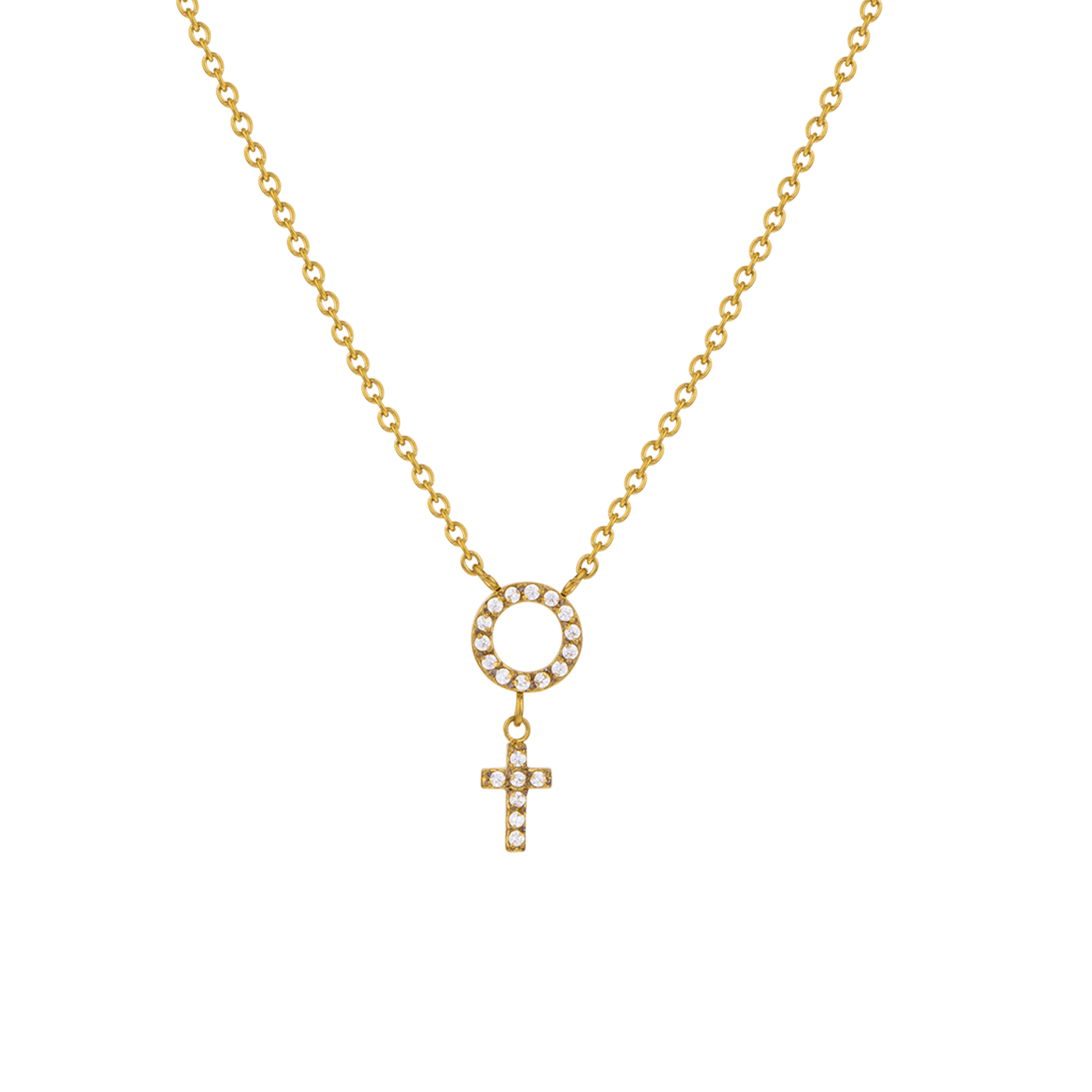 collier callas acier cercle et croix sertis oxyde de zirconium 40 plus 5 mm doré