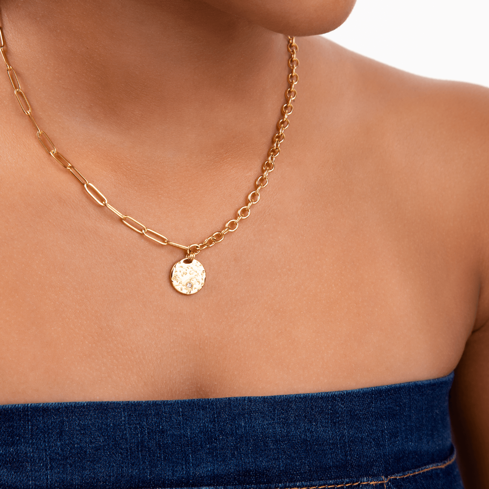 Collier Acier Jaune Deux Mailles Médaille Cristal