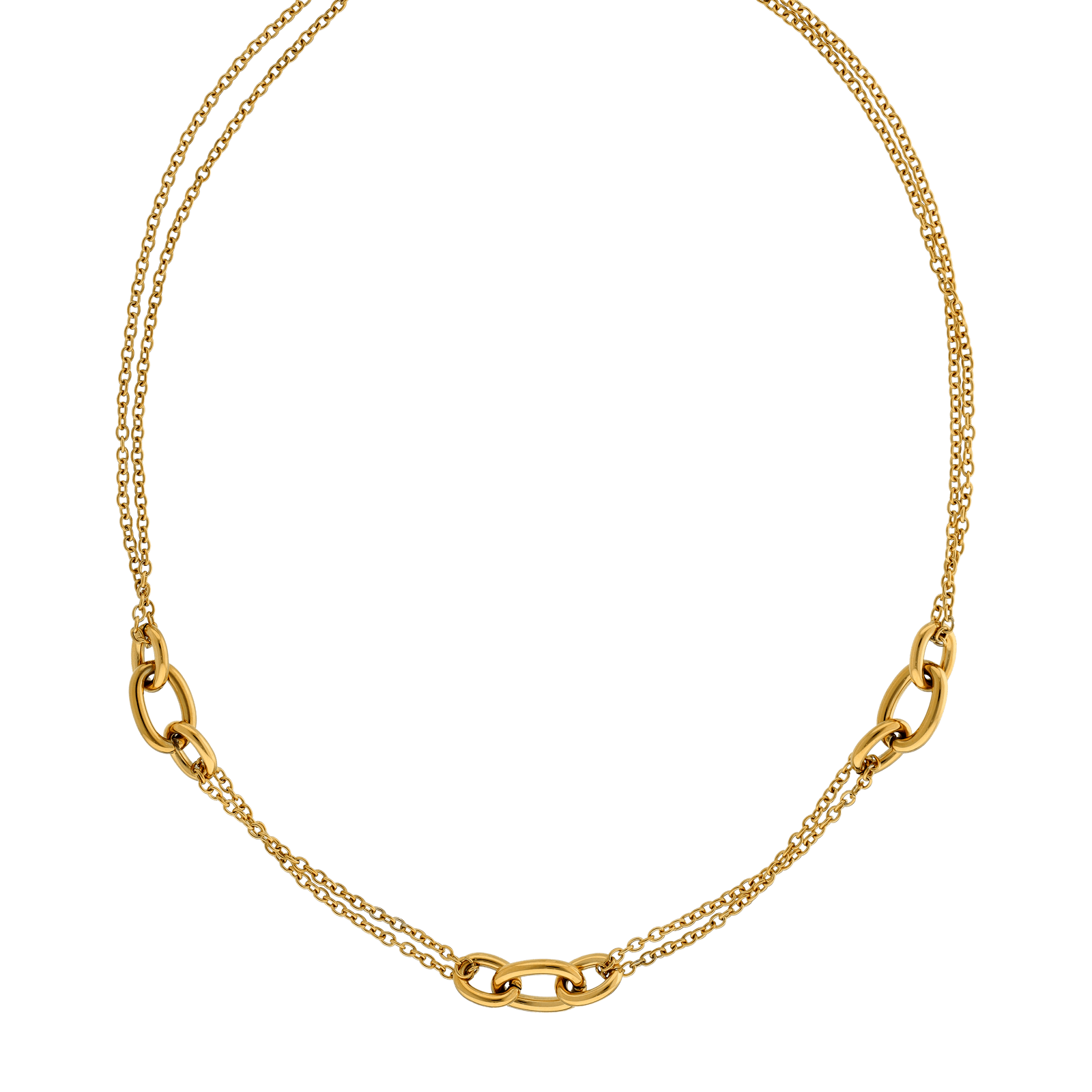 Collier Callas en acier doré double chaîne avec trois maillons maille forçat lisse, 40 cm avec rallonge de 5 cm