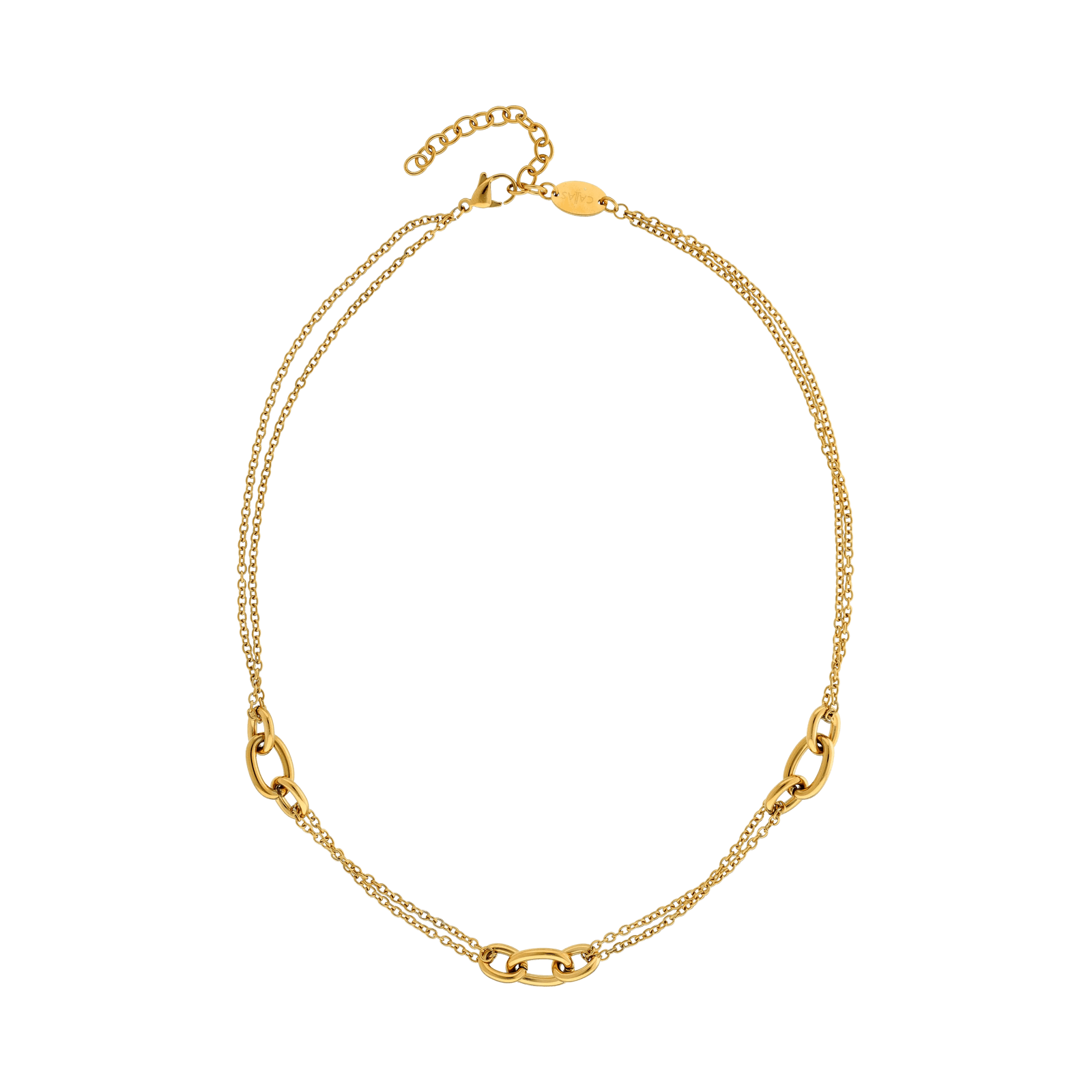 Collier Callas en acier doré double chaîne avec trois maillons maille forçat lisse, 40 cm avec rallonge de 5 cm
