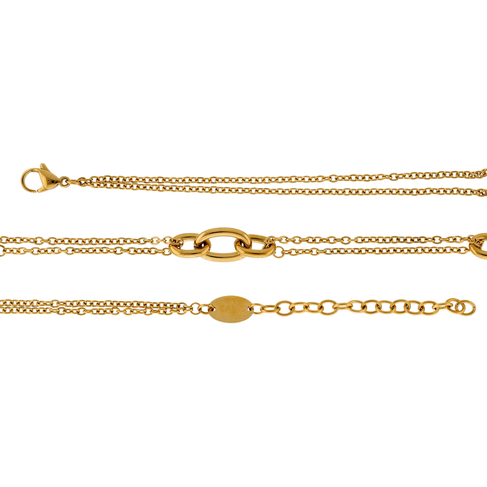 Collier Callas en acier doré double chaîne avec trois maillons maille forçat lisse, 40 cm avec rallonge de 5 cm