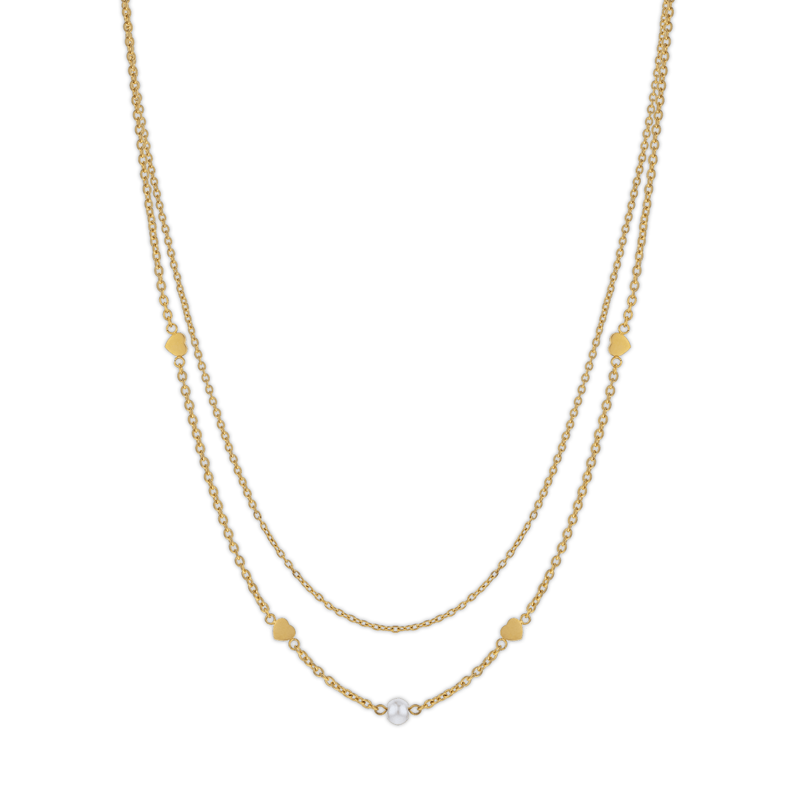 Collier Acier Jaune Double Rangs Perle Fantaisie et Coeurs