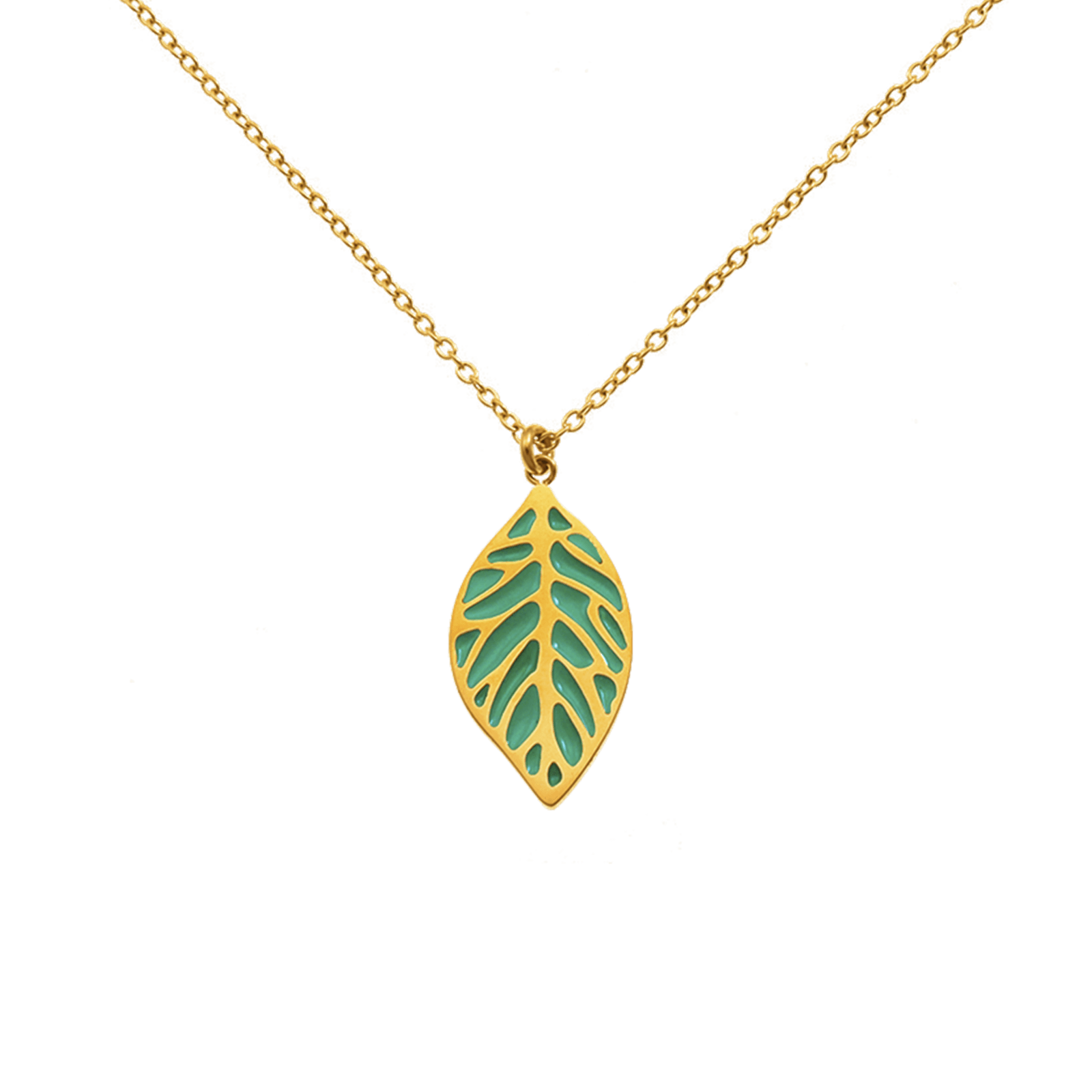 Collier Callas Pendentif feuille Émail vert 45 plus 5 centimètres Acier doré