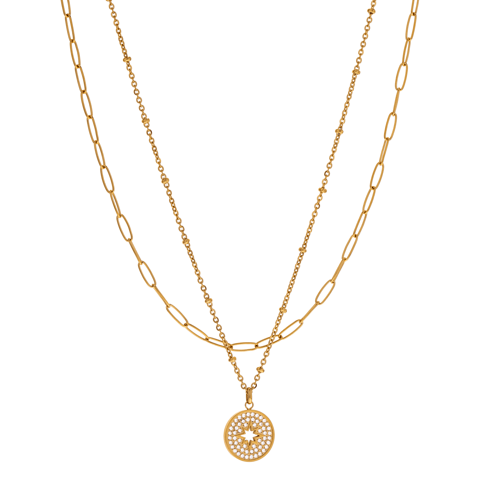 Collier Callas Acier doré 2 rangs Pendentif Médaille sertie Oxyde de Zirconium étoile ajourée 40 plus 5 centimètres