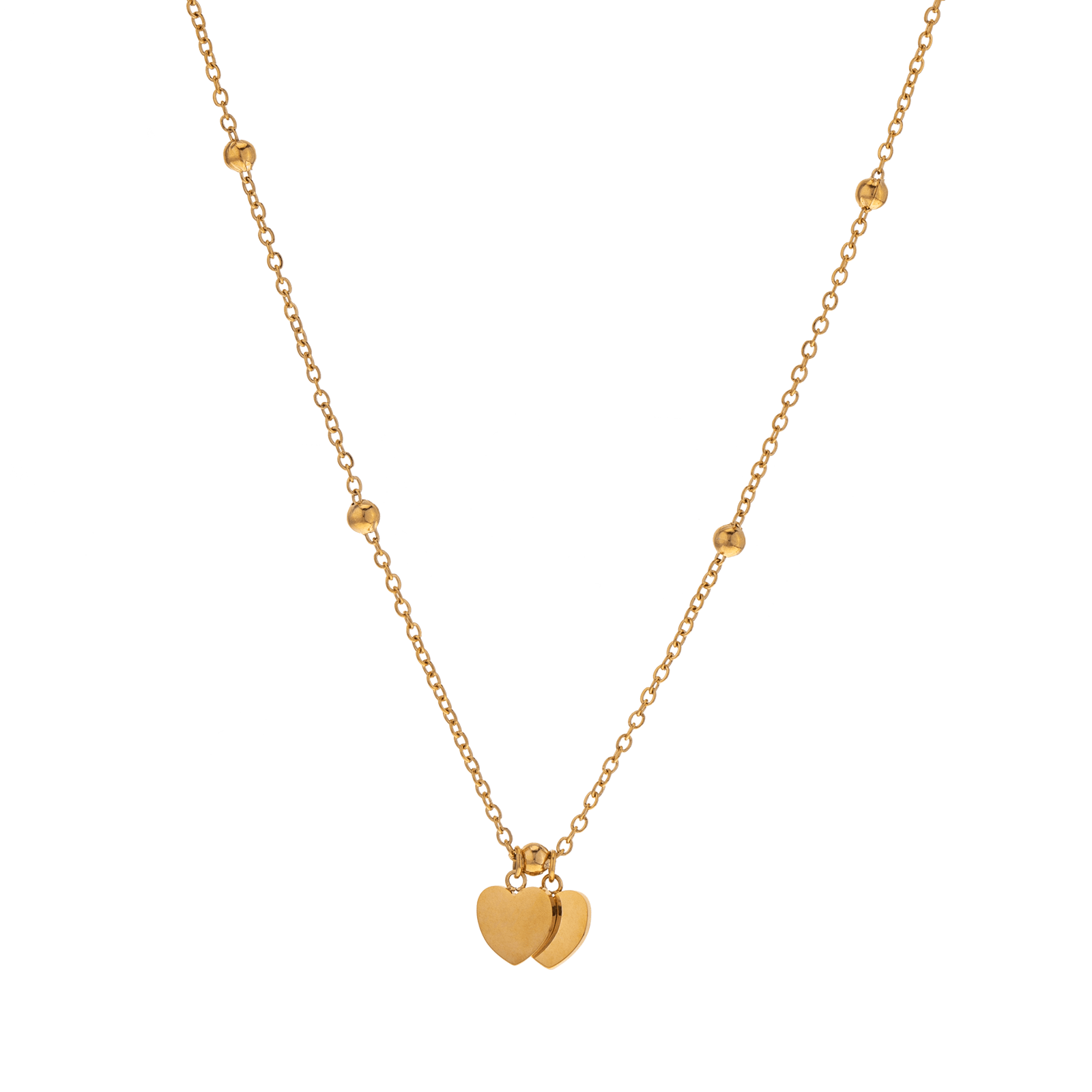 Collier Chaîne Boules 3mm Cœurs 7.5mm 42A45cm Acier Jaune