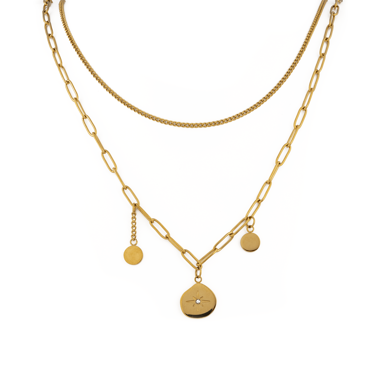 collier callas acier doré double chaîne 2 breloques lisse plus 1 breloque zirconia cubique 44 plus 5 mm