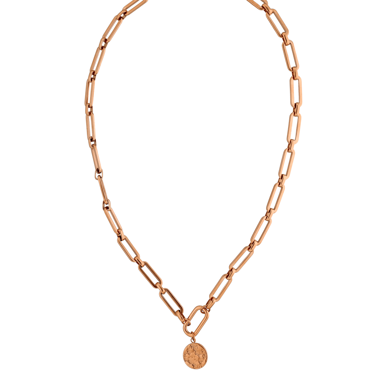 Collier Callas en acier doré rose maille forçat lisse avec médaille martelée, 42 cm avec rallonge de 5 cm