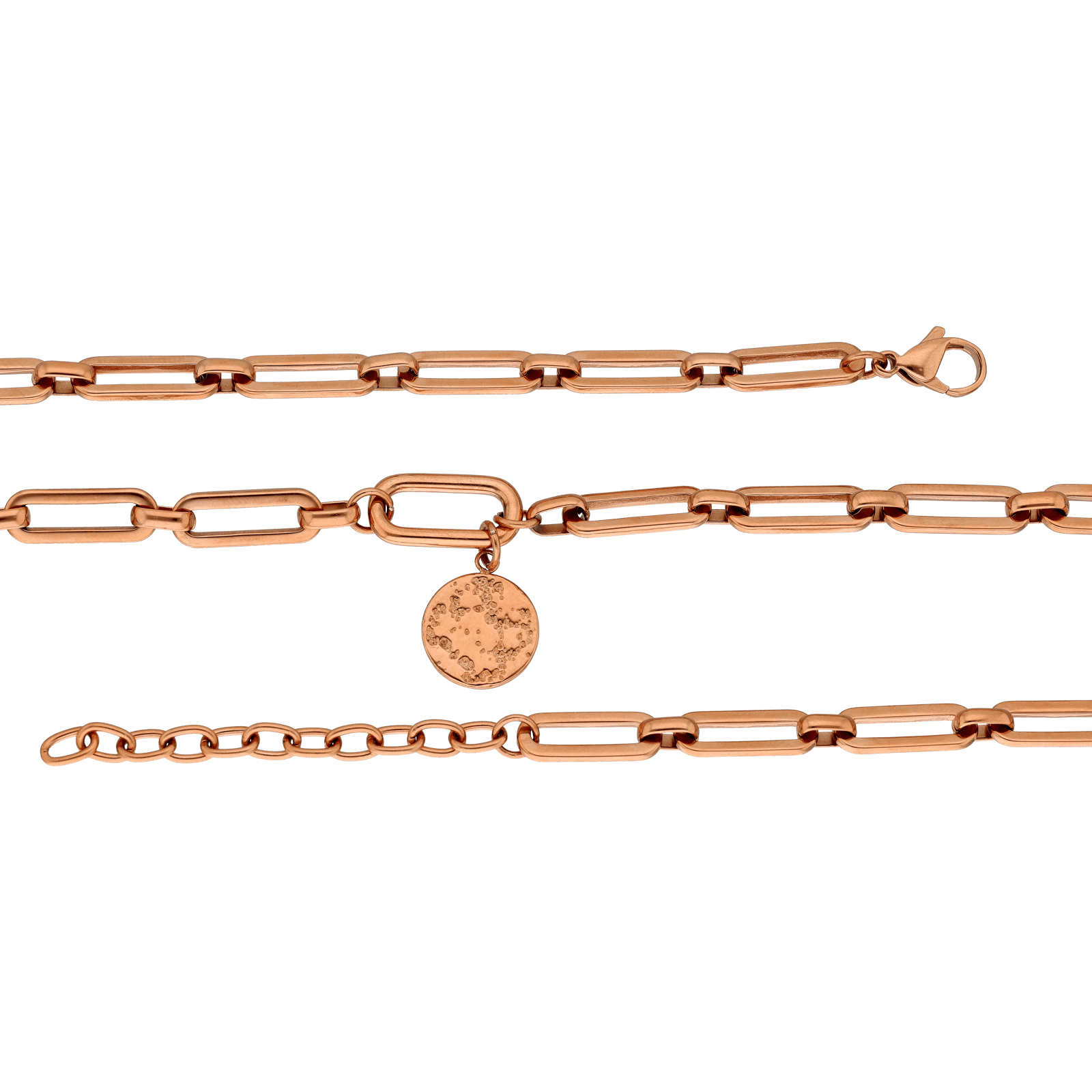 Collier Callas en acier doré rose maille forçat lisse avec médaille martelée, 42 cm avec rallonge de 5 cm