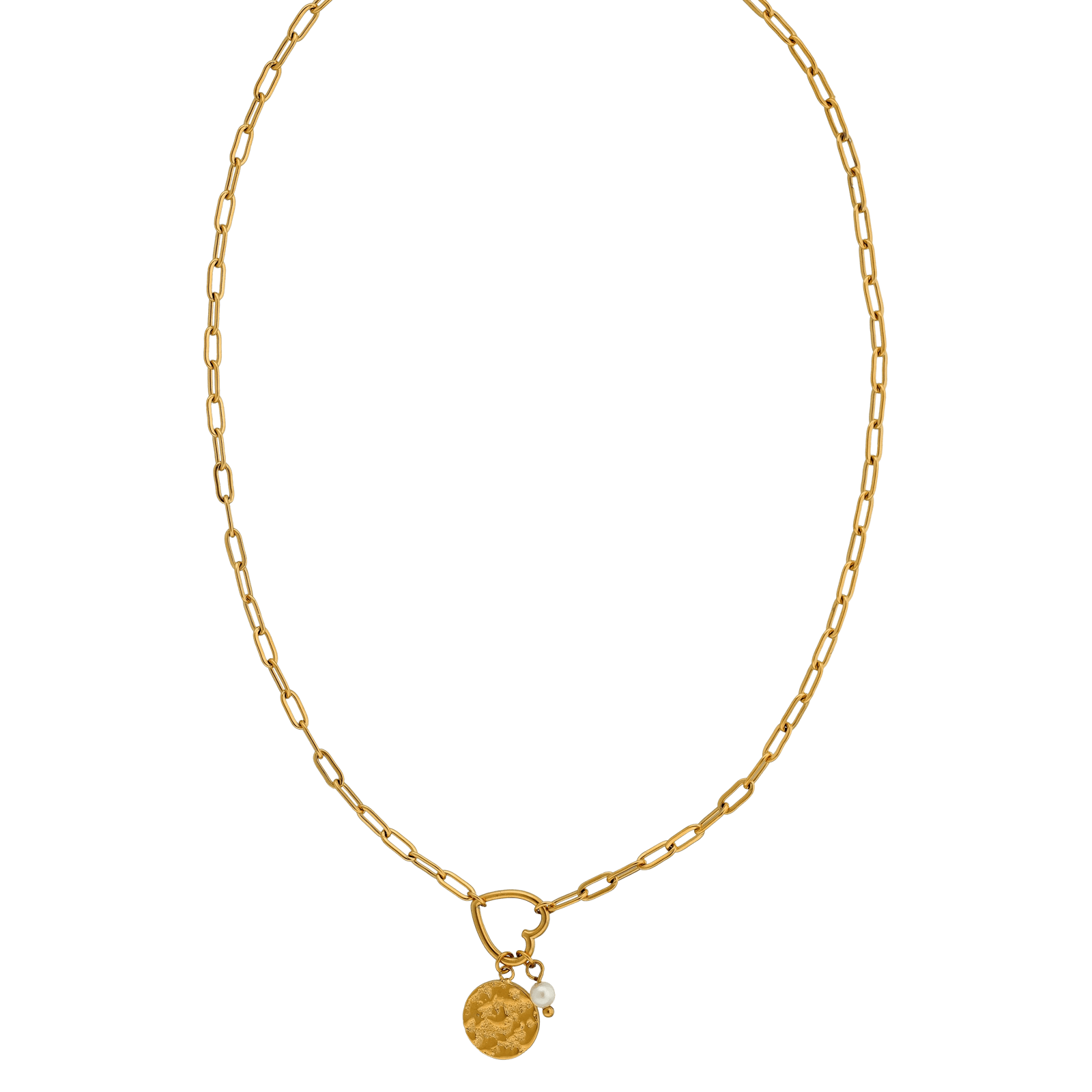 Collier Callas en acier doré avec cœur ajouré et médaille martelée, 40,5 cm avec rallonge de 5 cm