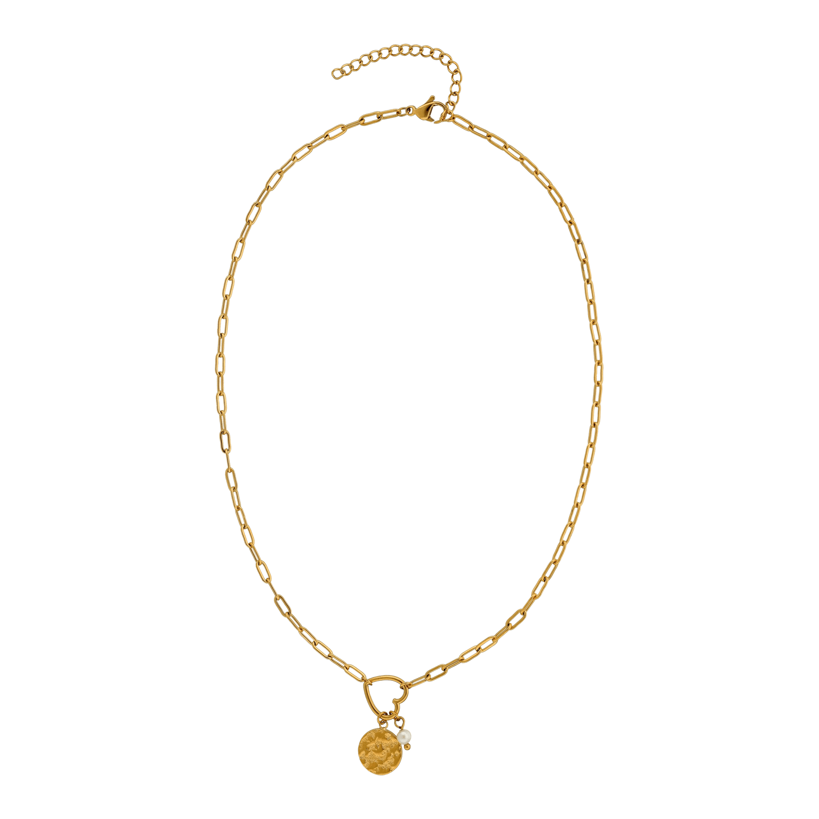Collier Callas en acier doré avec cœur ajouré et médaille martelée, 40,5 cm avec rallonge de 5 cm