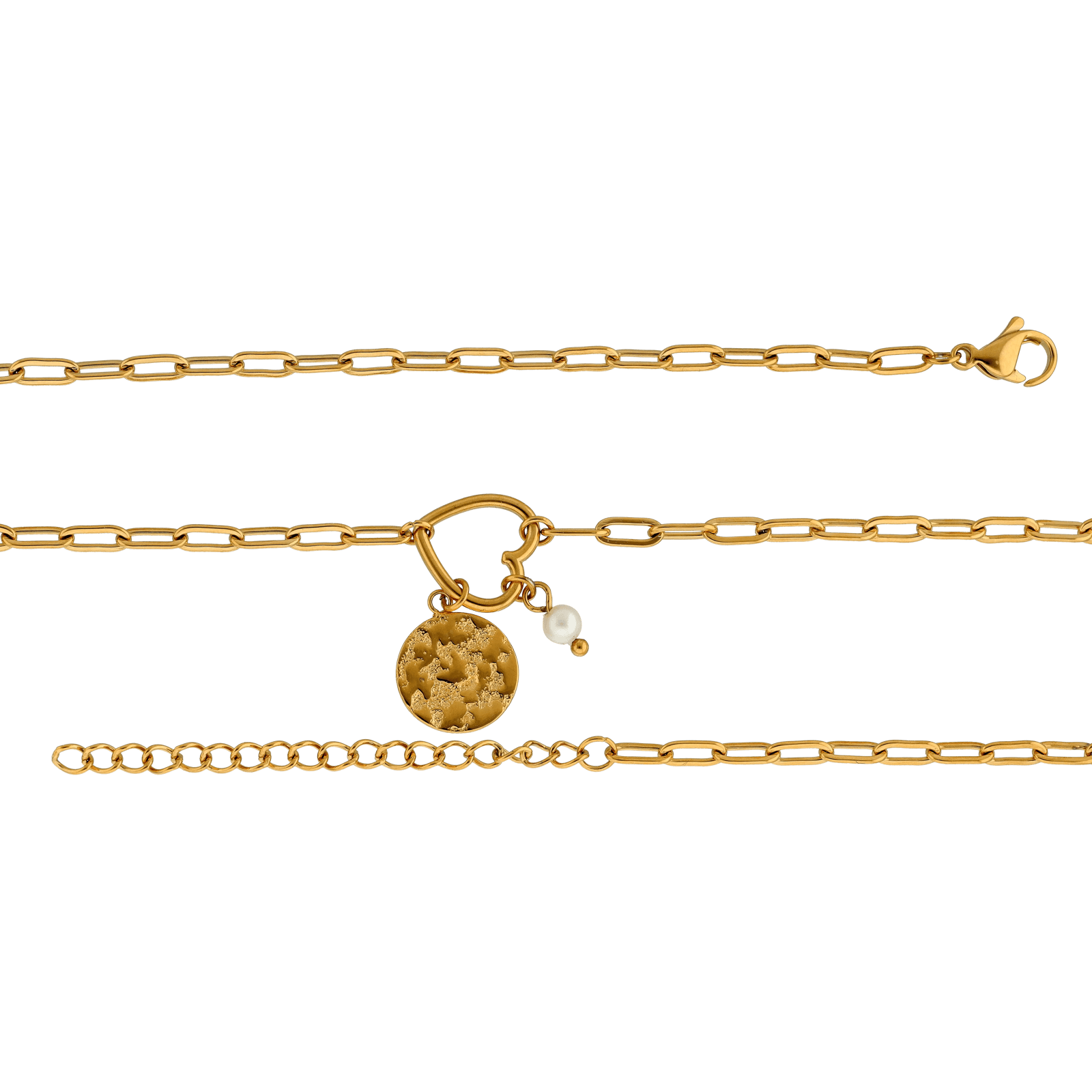 Collier Callas en acier doré avec cœur ajouré et médaille martelée, 40,5 cm avec rallonge de 5 cm