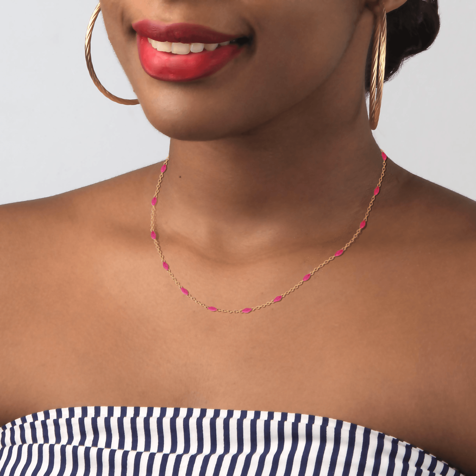 Collier Email Fushia 2mm 42A45cm Acier Jaune