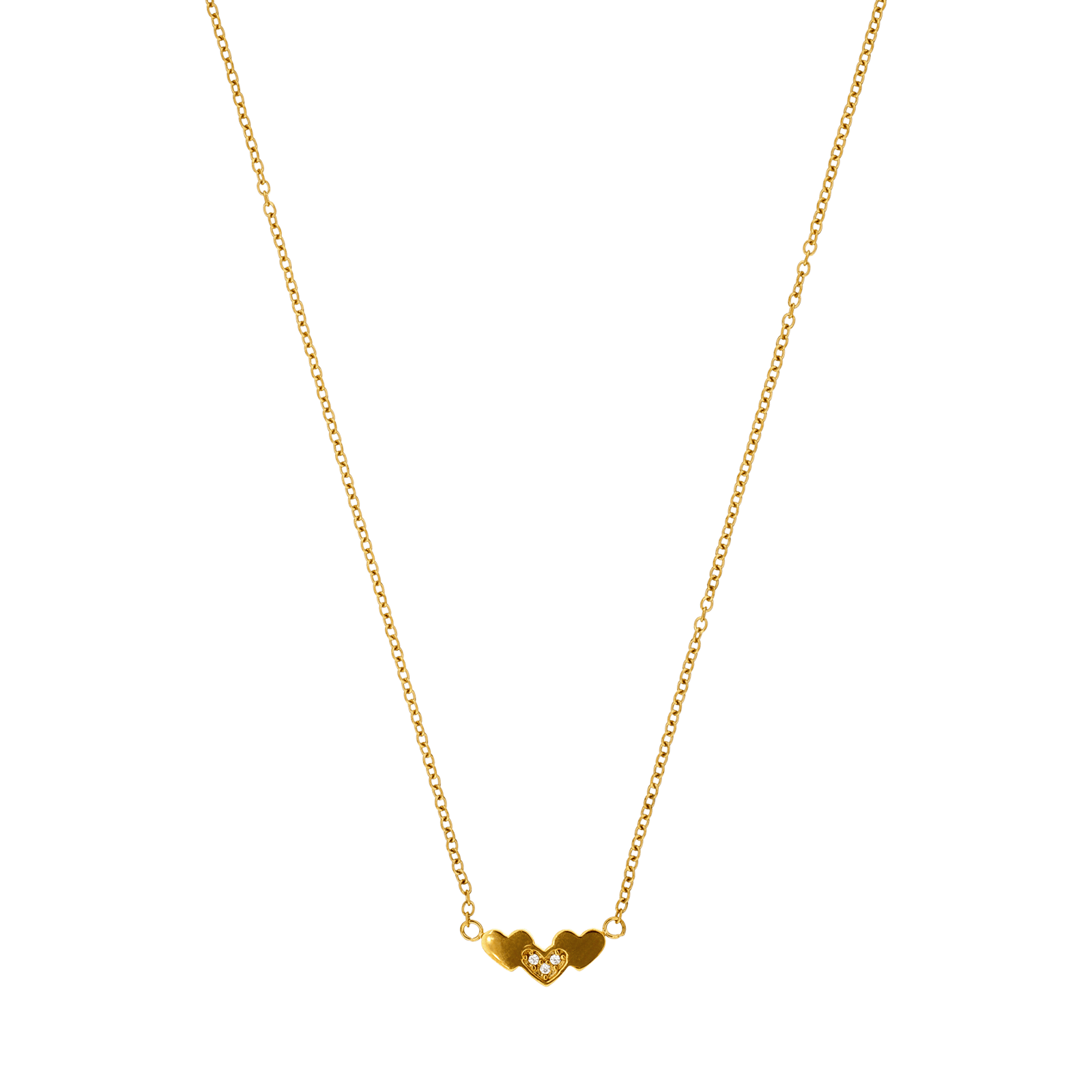 Collier Callas Acier doré centre trois coeurs lisses et Zirconia Cubique 45 plus 5 centimètres