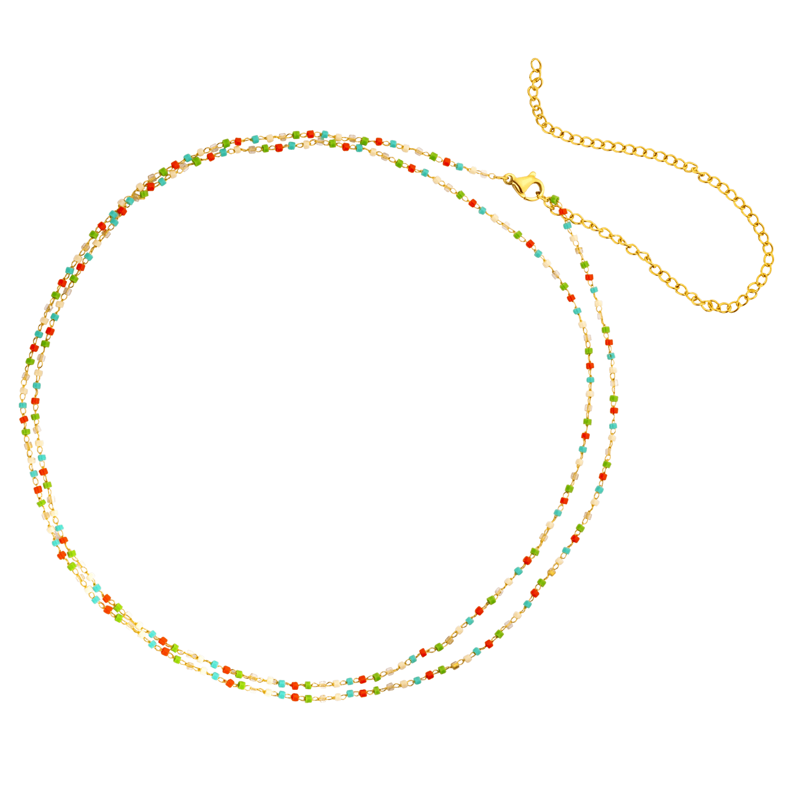 chaine de taille Callas Acier doré boules époxy multicolores 80 plus 15 centimètres