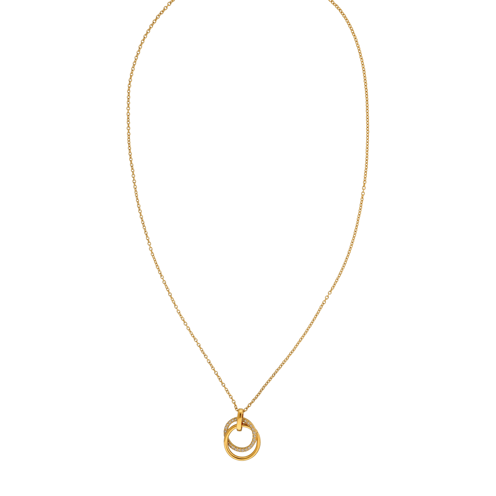 Collier Callas en acier doré avec médaille deux anneaux et oxydes de zirconium blancs, 40 cm avec rallonge de 5 cm