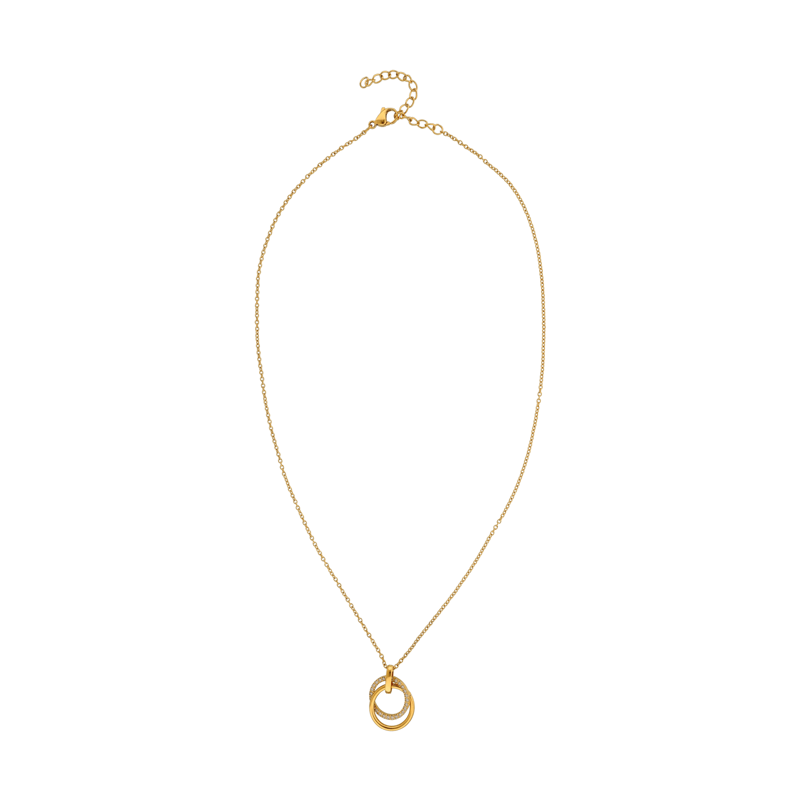 Collier Callas en acier doré avec médaille deux anneaux et oxydes de zirconium blancs, 40 cm avec rallonge de 5 cm