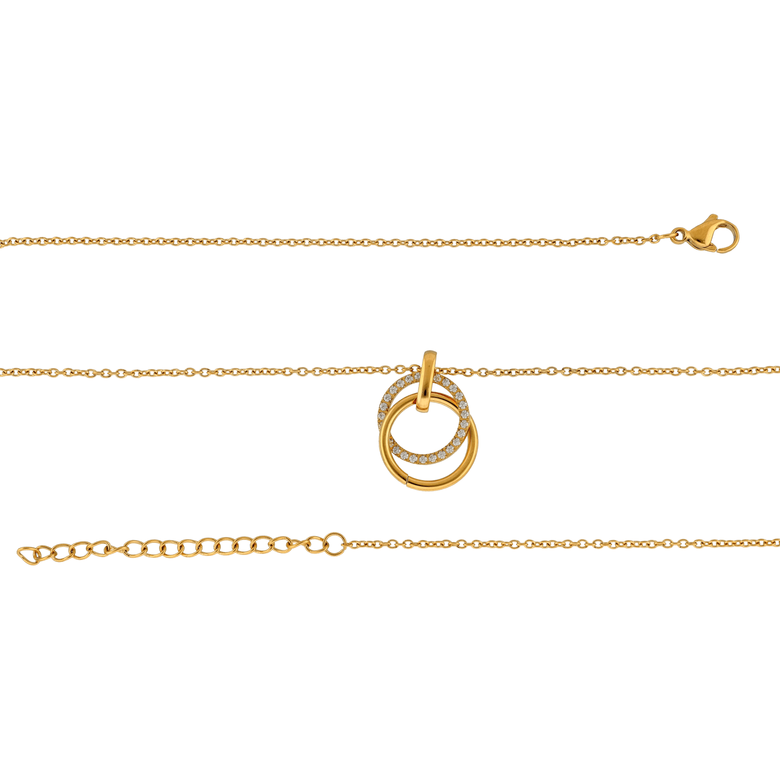 Collier Callas en acier doré avec médaille deux anneaux et oxydes de zirconium blancs, 40 cm avec rallonge de 5 cm