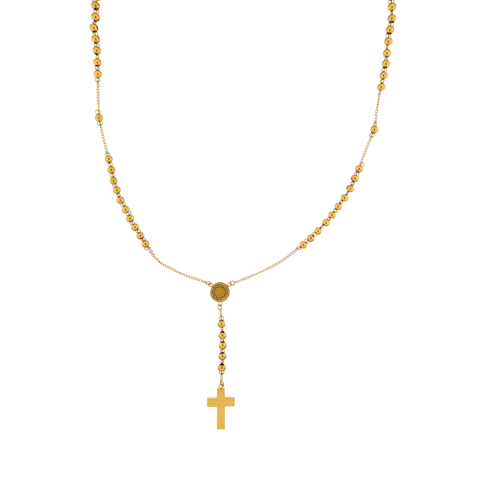 Sautoir Callas chapelet en acier doré avec Christ, boules et croix, 72 cm
