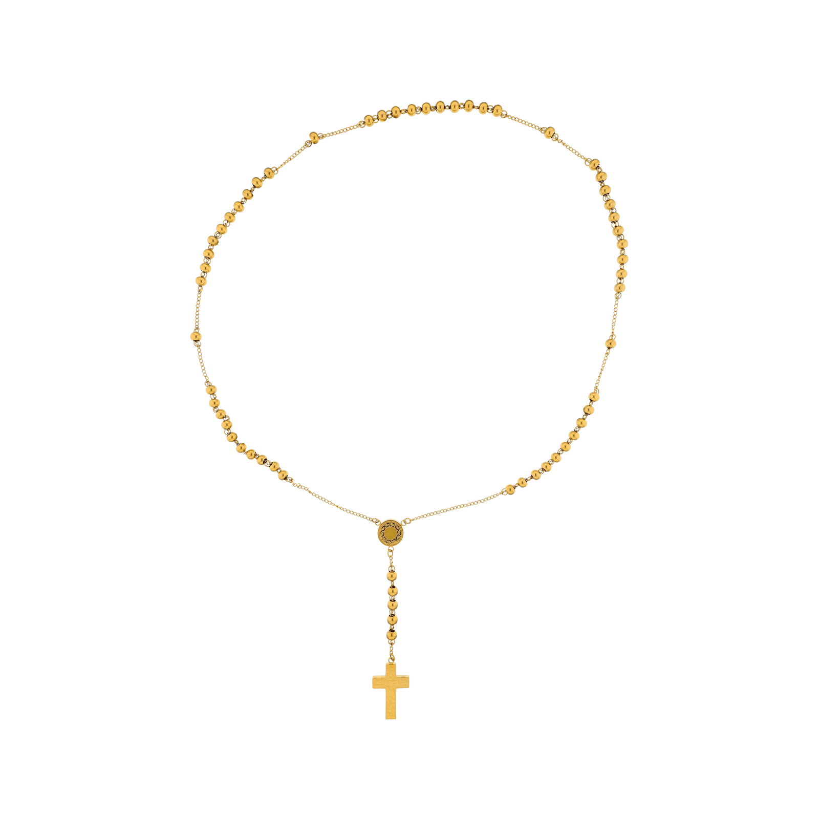 Sautoir Callas chapelet en acier doré avec Christ, boules et croix, 72 cm