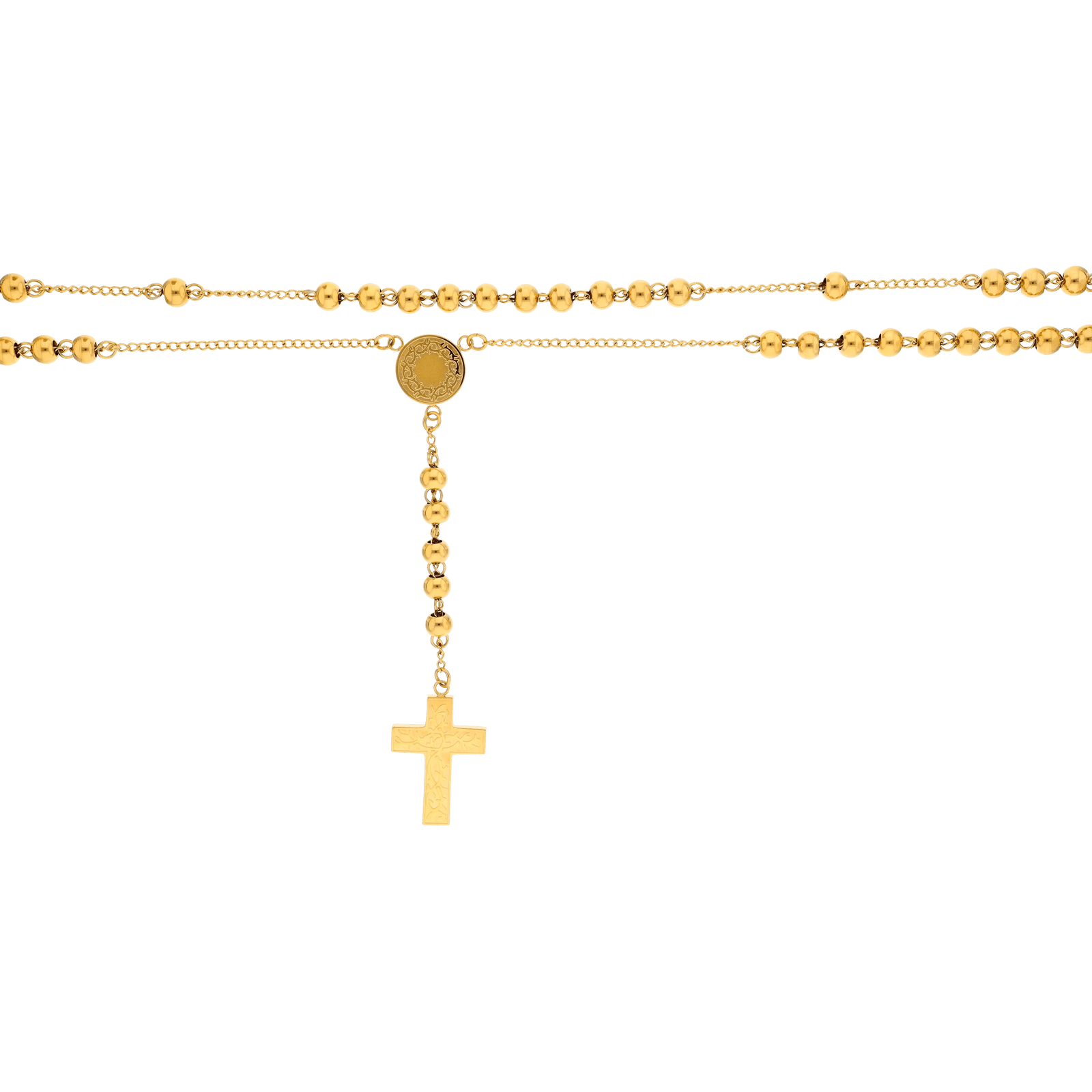 Sautoir Callas chapelet en acier doré avec Christ, boules et croix, 72 cm