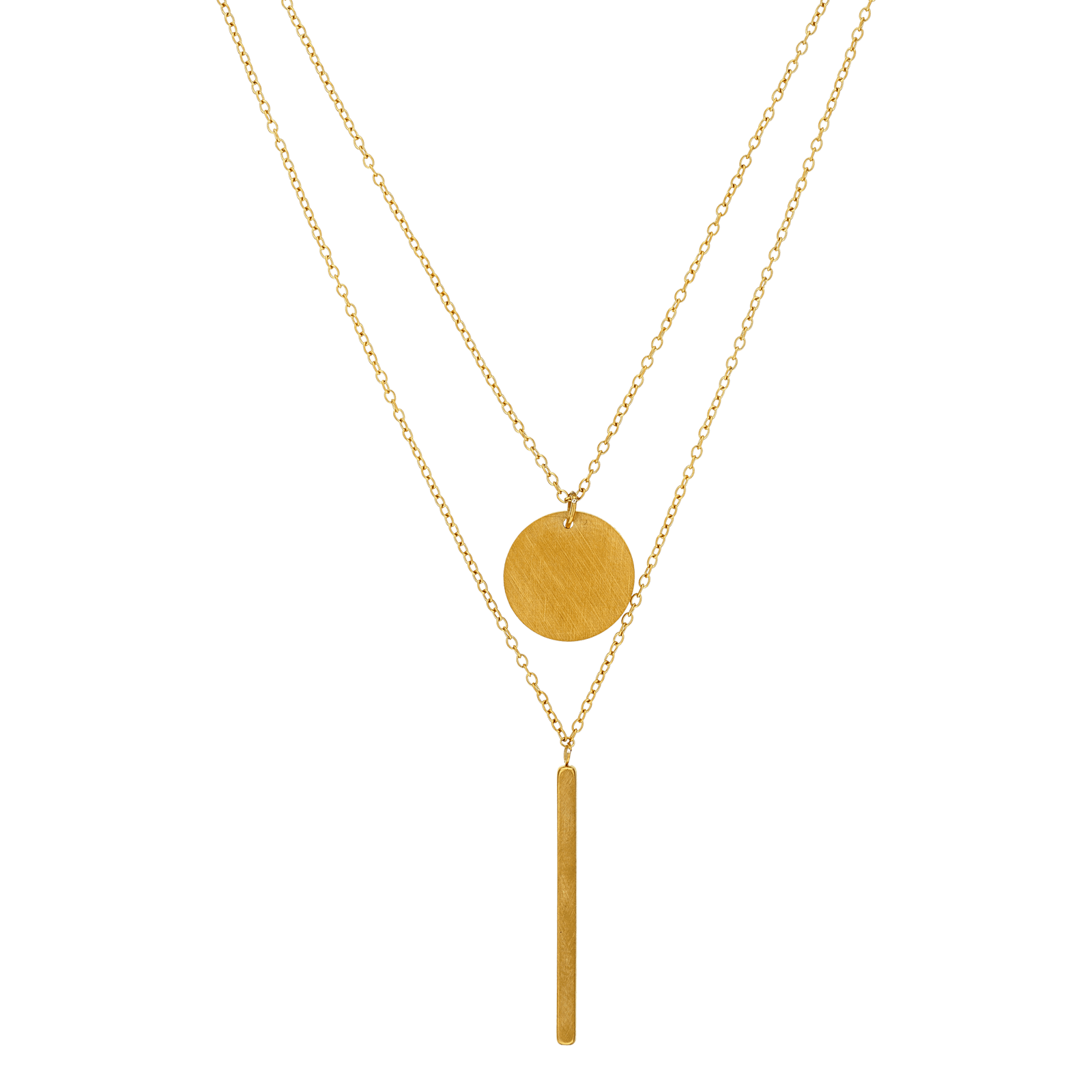 Collier Callas Acier doré double chaîne pendentif Médaille et barrette brossé 40 plus 5 centimètres
