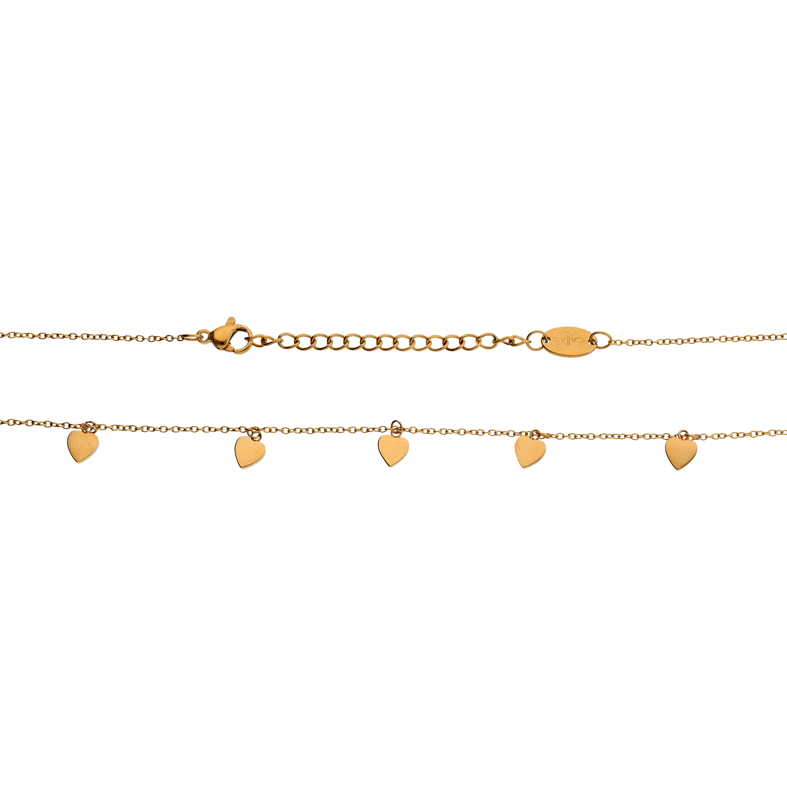 Collier Callas Acier doré Pampilles coeur Lisse 40 plus 5 centimètres tag