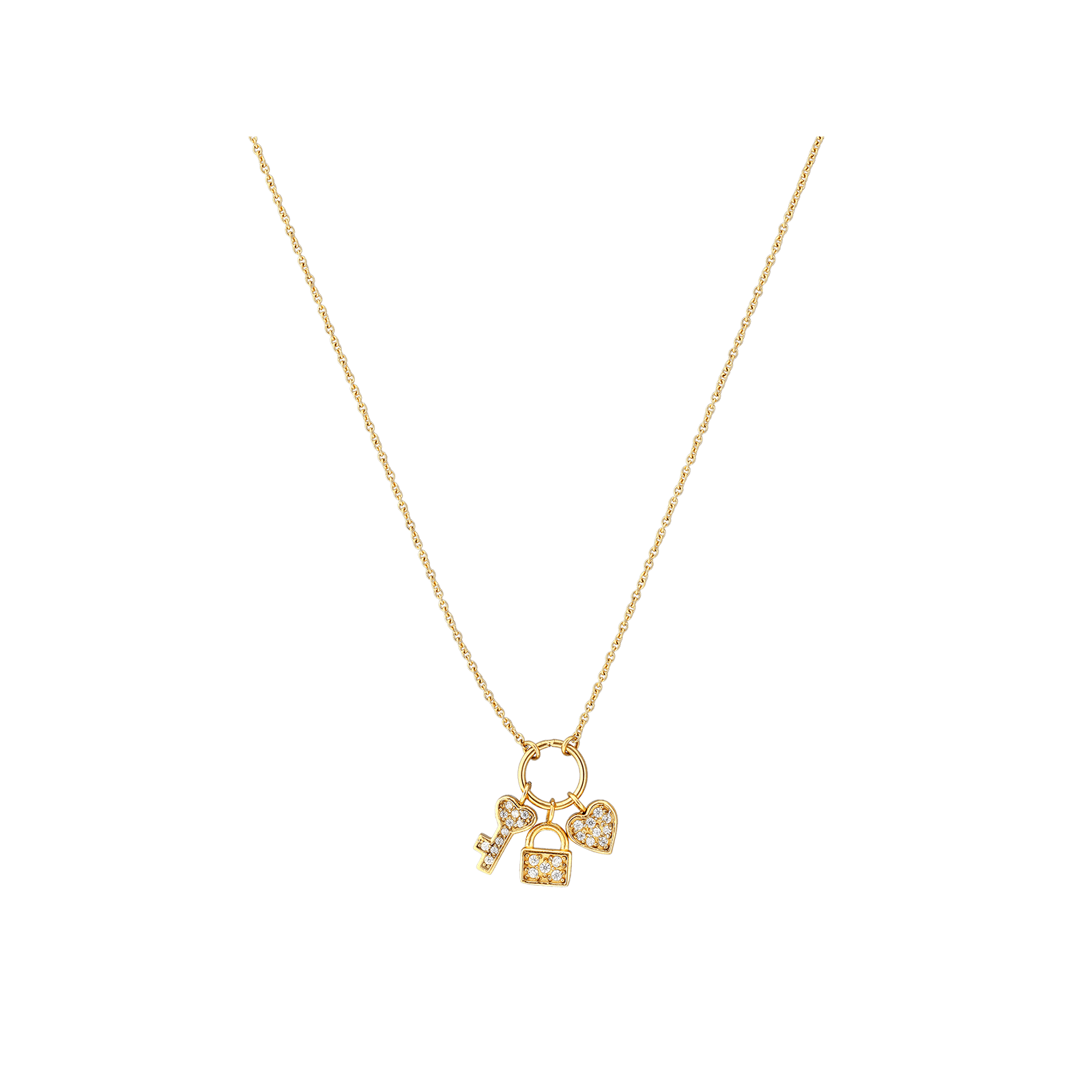 collier callas acier doré pendentif trois pampille coeur clés cadenas oxyde de zirconium 40 plus 5 mm