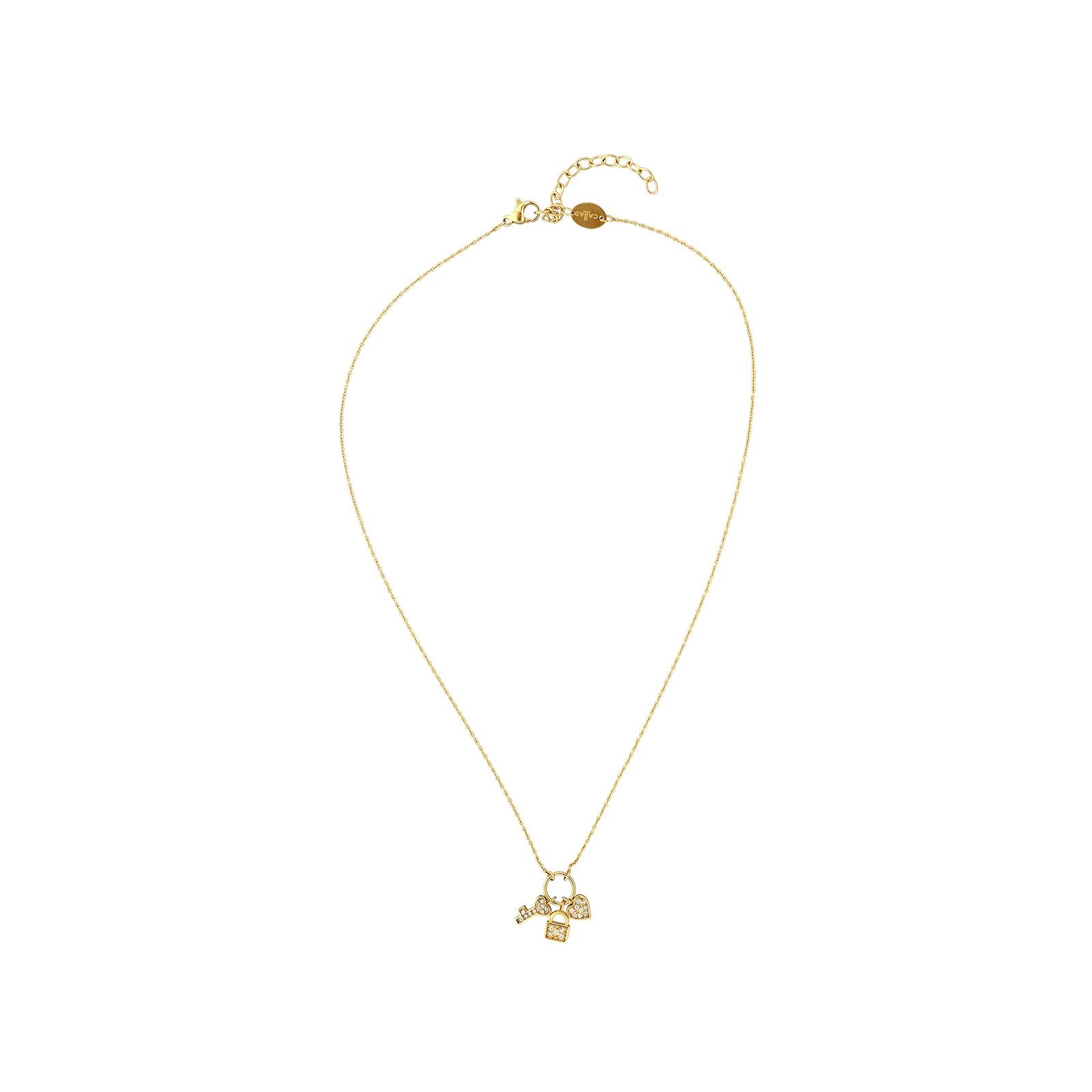 collier callas acier doré pendentif trois pampille coeur clés cadenas oxyde de zirconium 40 plus 5 mm
