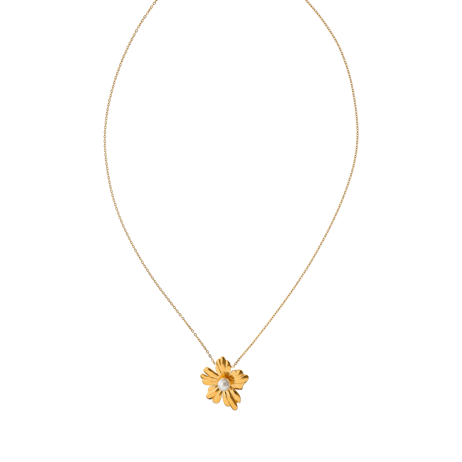 Collier Callas Acier doré Pendentif fleur Perle 45 plus 5 centimètres