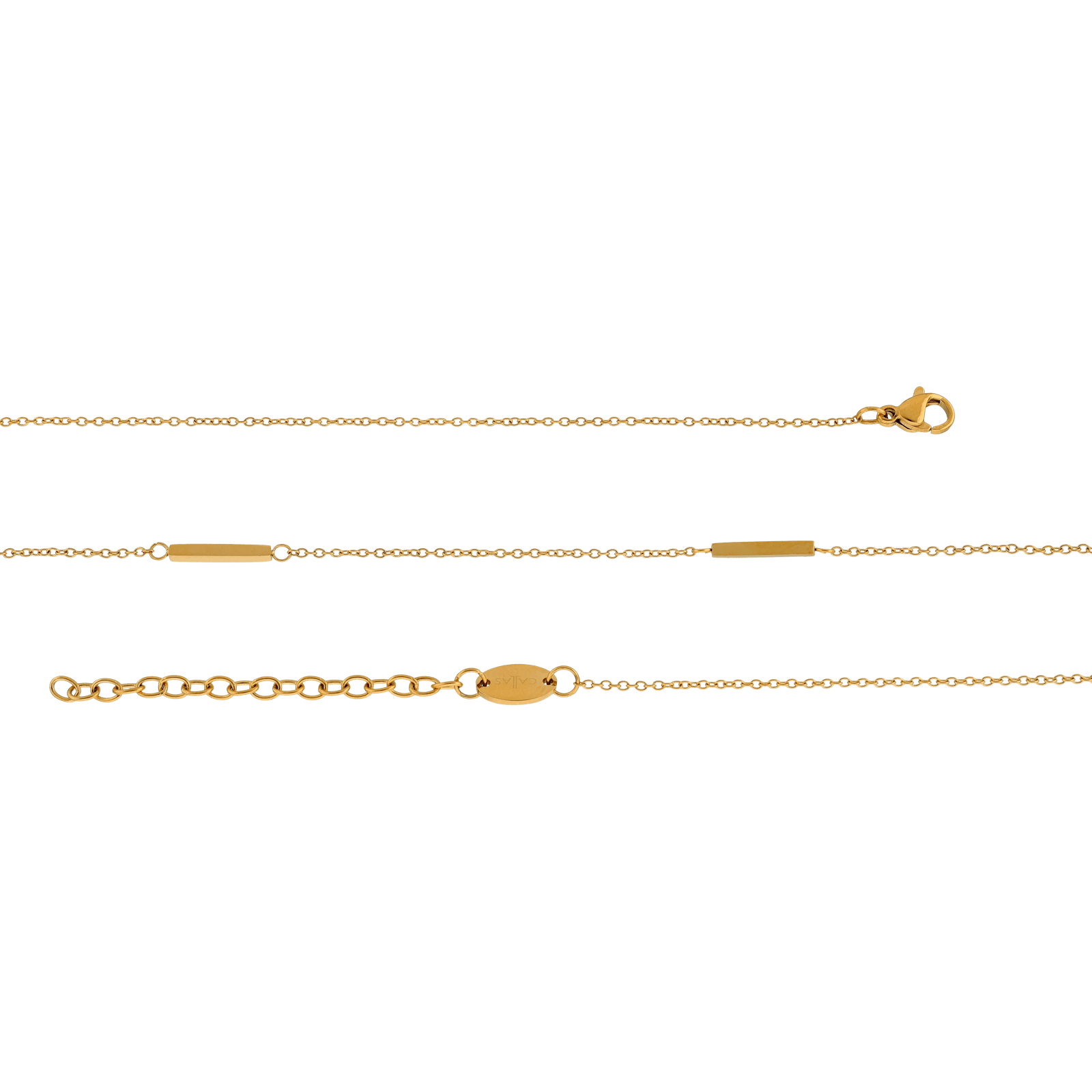 Collier Callas en acier doré trois barrettes, 40 cm avec rallonge de 5 cm