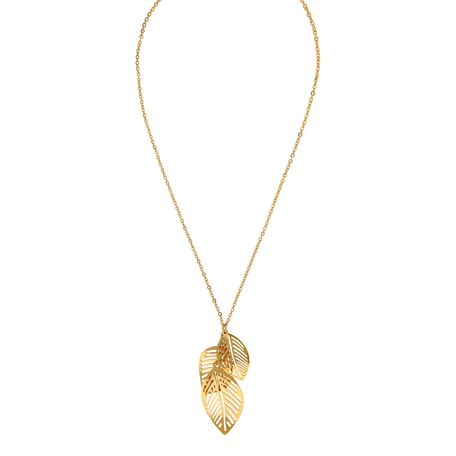 Collier Callas en acier doré avec pendentif trois feuilles ajourées, 40 cm avec rallonge de 5 cm