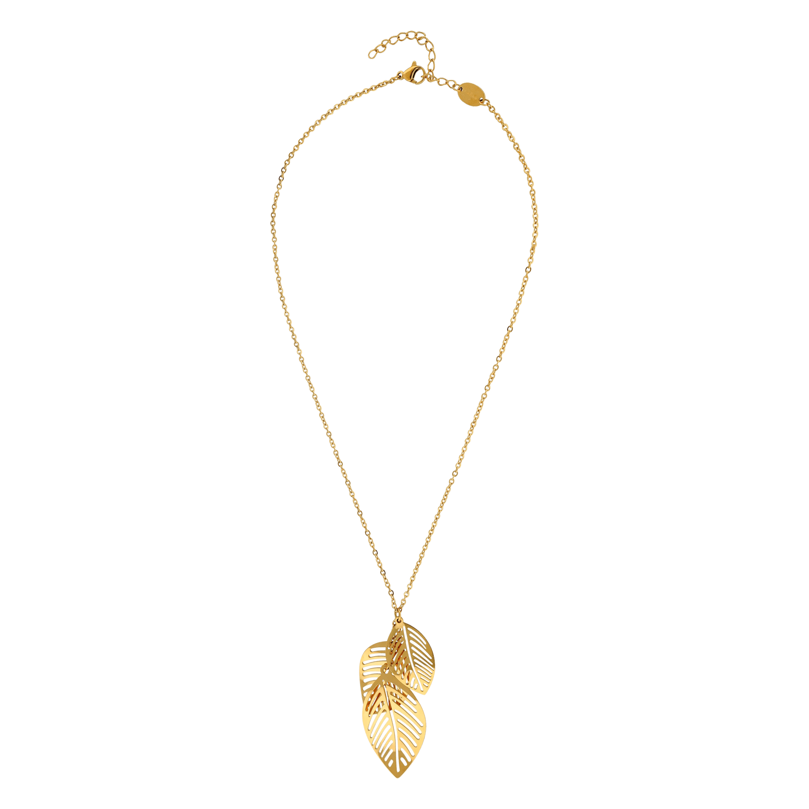 Collier Callas en acier doré avec pendentif trois feuilles ajourées, 40 cm avec rallonge de 5 cm