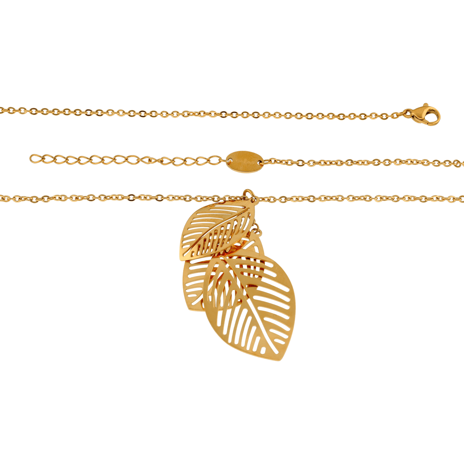 Collier Callas en acier doré avec pendentif trois feuilles ajourées, 40 cm avec rallonge de 5 cm