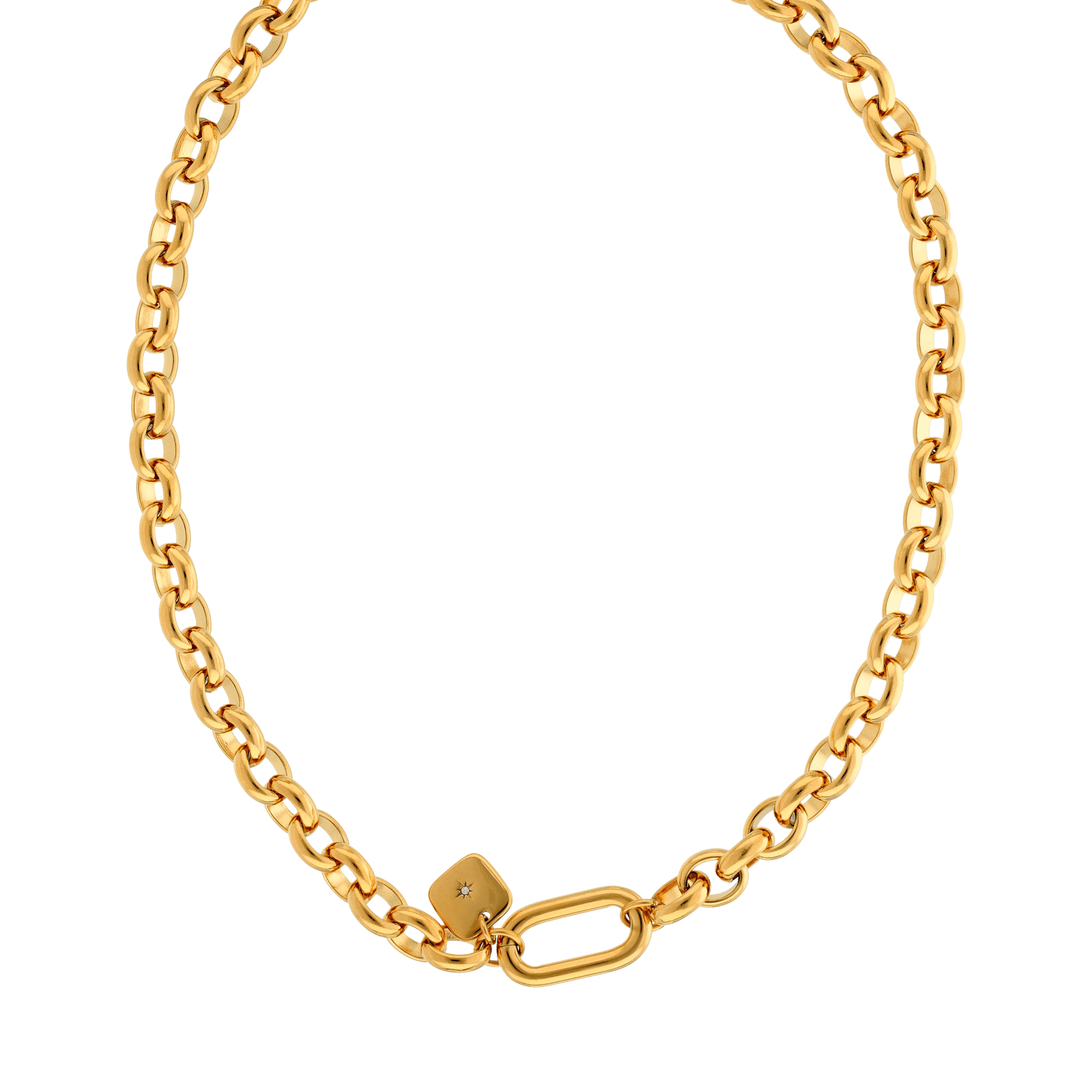 Collier Callas en acier doré maille jaseron ovale avec pampille carrée en cristal Preciosa, 40 cm avec rallonge de 5 cm